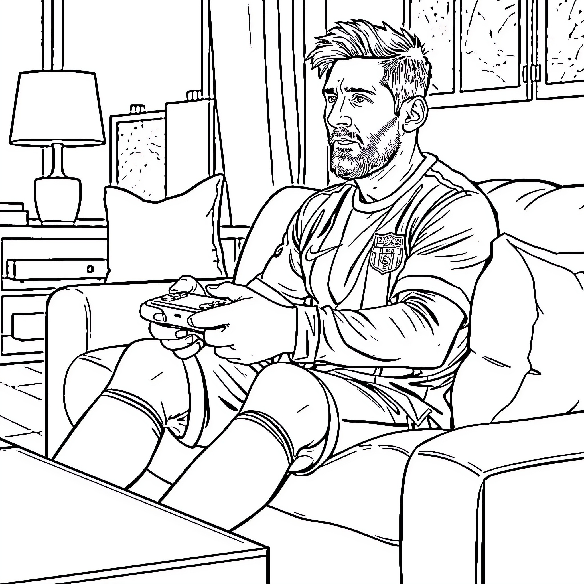 Messi gaming at home with controller Coloring Page (free black-and-white line drawing printable PDF for all, from beginners to advanced learners, including children, teens, adults, and seniors)