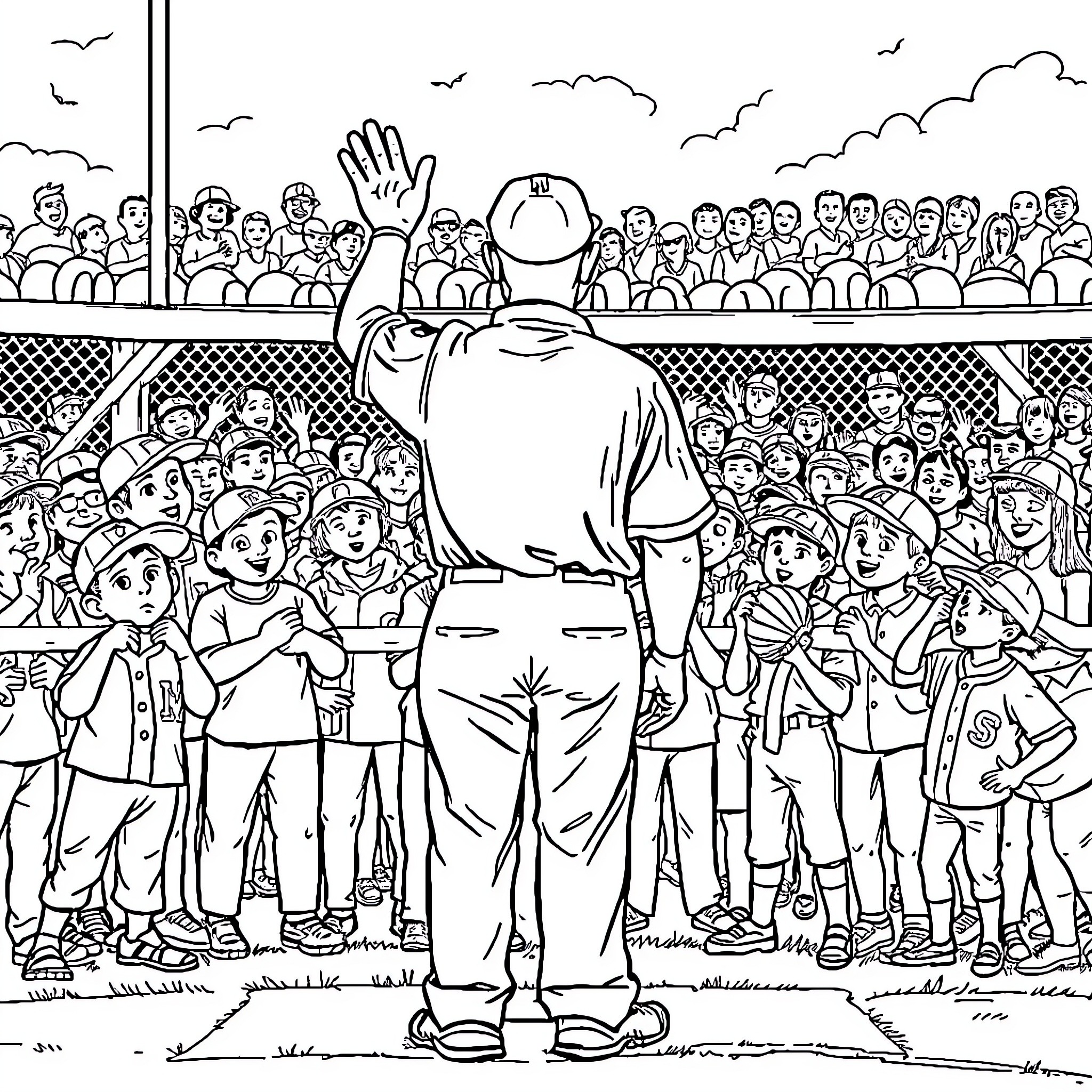Umpire presiding over a lively crowd at a sporting event Coloring Page (free black-and-white line drawing printable PDF for all, from beginners to advanced learners, including children, teens, adults, and seniors)