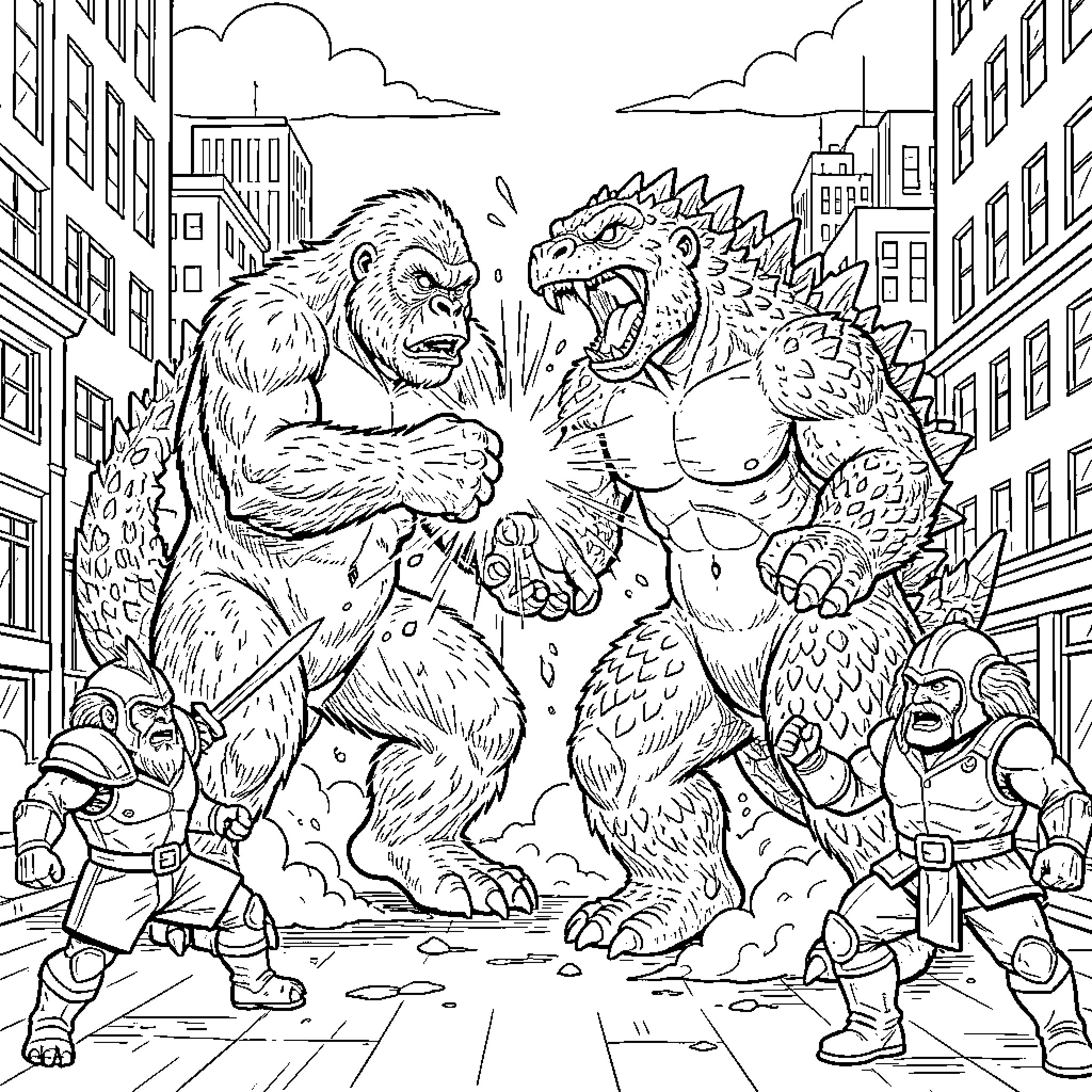 King Kong battling a giant monster in a city Coloring Page (free black-and-white line drawing printable PDF for all, from beginners to advanced learners, including children, teens, adults, and seniors)
