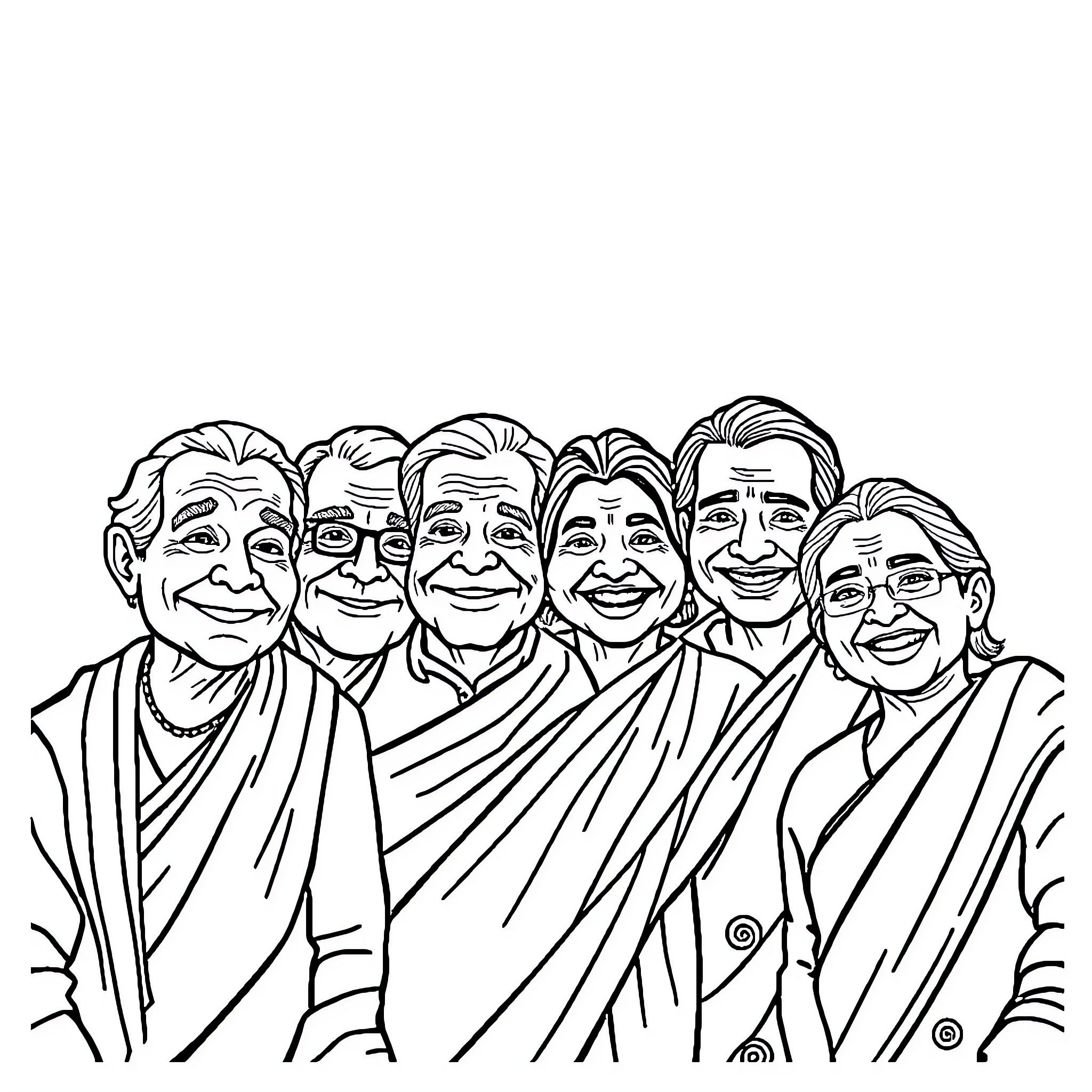 Siblings smiling together in formal attire Coloring Page (free black-and-white line drawing printable PDF for all, from beginners to advanced learners, including children, teens, adults, and seniors)