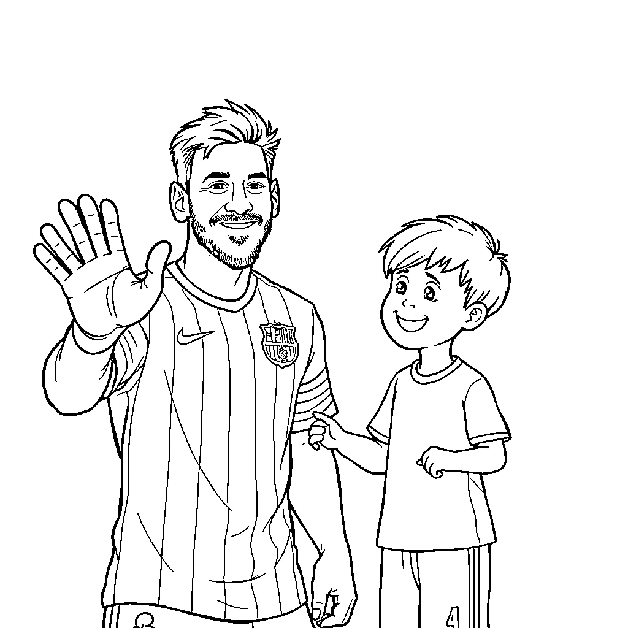 Messi and Young Fan Smiling Happily Together Coloring Page (free black-and-white line drawing printable PDF for all, from beginners to advanced learners, including children, teens, adults, and seniors)