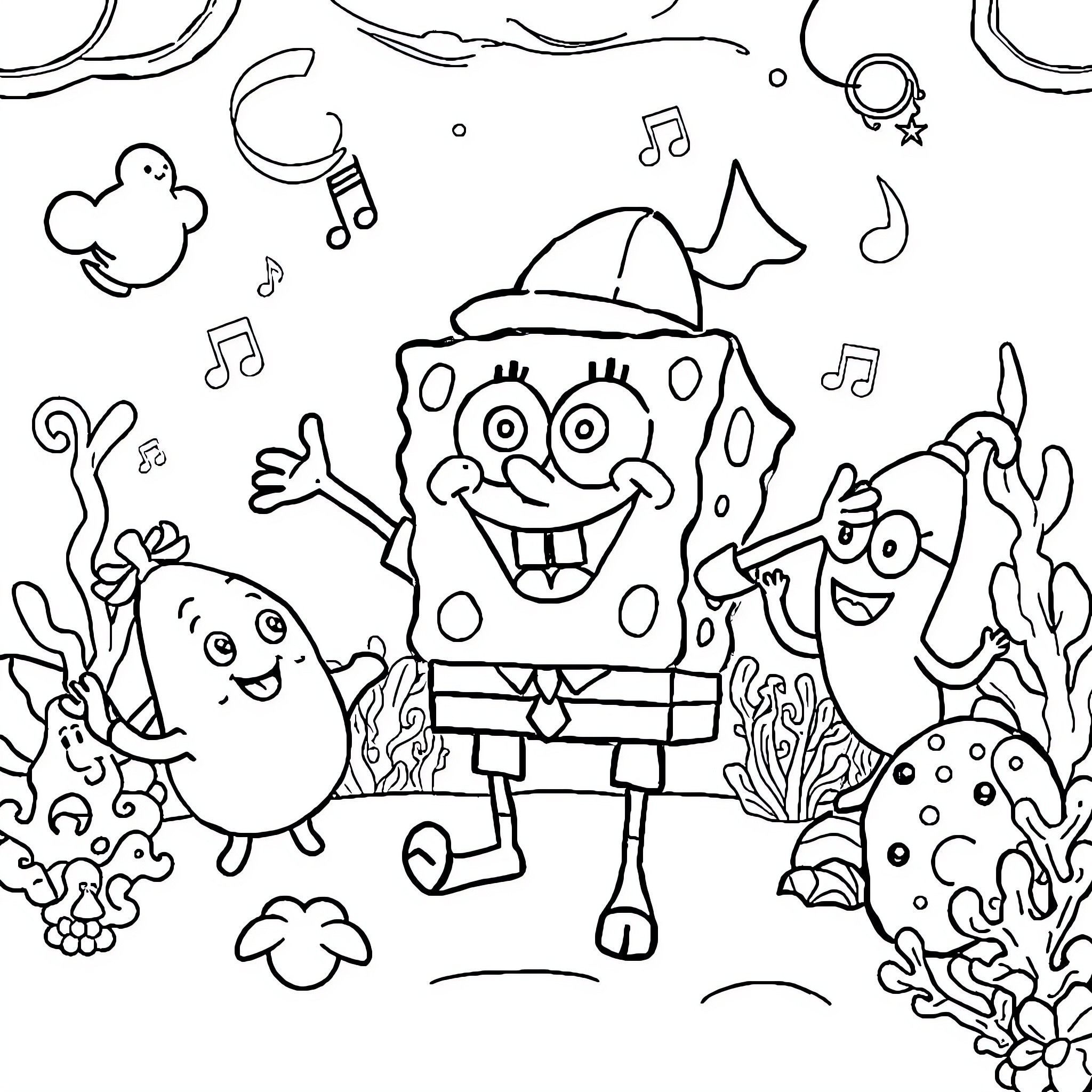 Spongebob and friends having a musical adventure Coloring Page (free black-and-white line drawing printable PDF for all, from beginners to advanced learners, including children, teens, adults, and seniors)