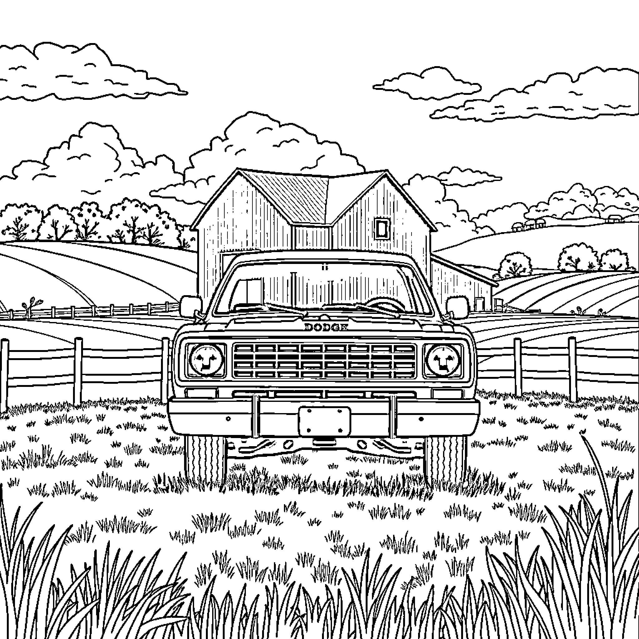 Dodge truck parked in rural countryside Coloring Page (free black-and-white line drawing printable PDF for all, from beginners to advanced learners, including children, teens, adults, and seniors)