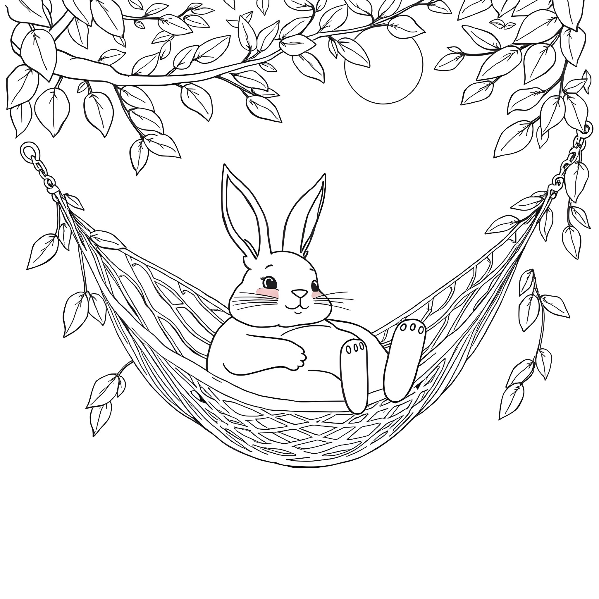 Bunny resting peacefully in a hammock Coloring Page (free black-and-white line drawing printable PDF for all, from beginners to advanced learners, including children, teens, adults, and seniors)