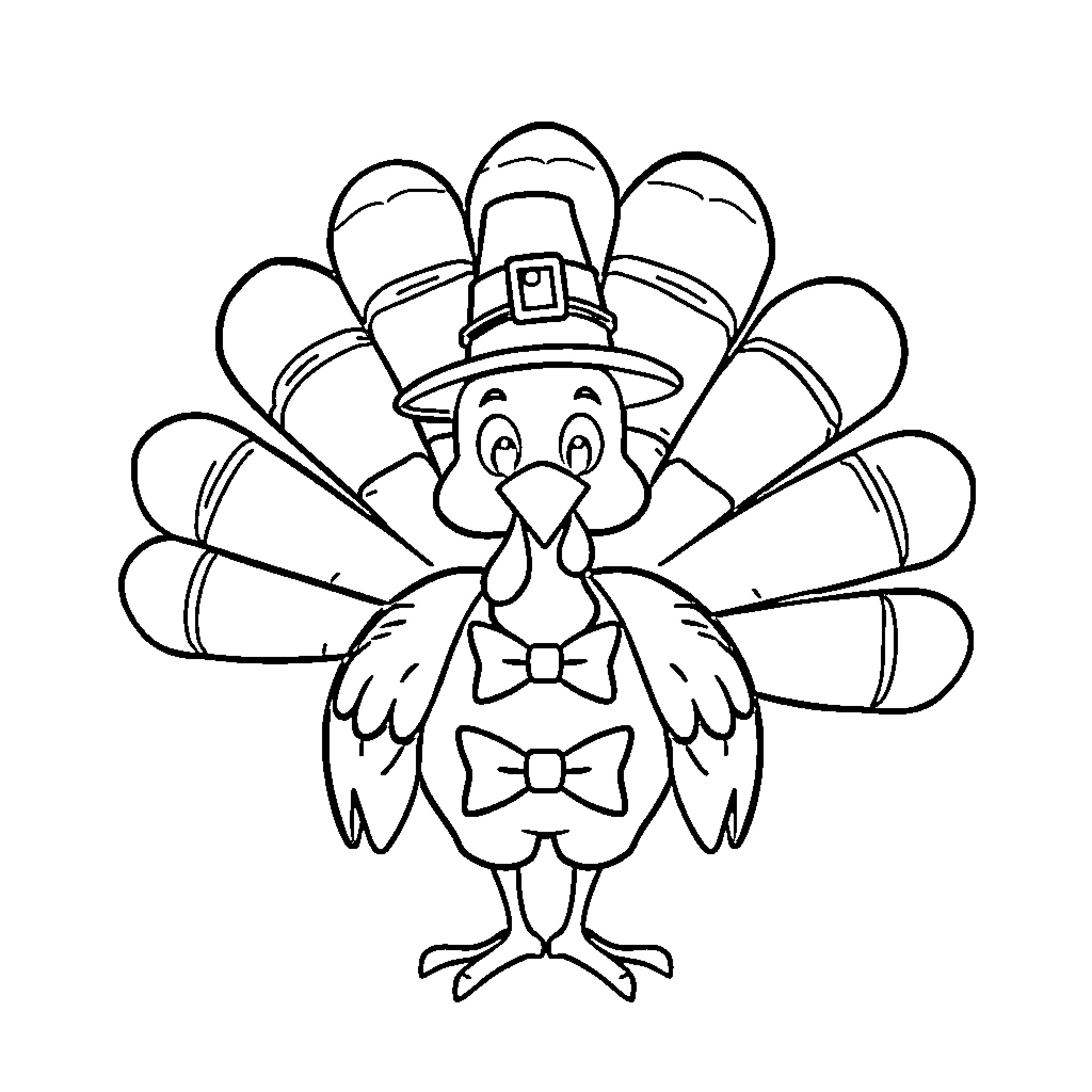 Turkey wearing pilgrim hat and bowtie in cartoon style Coloring Page (free black-and-white line drawing printable PDF for all, from beginners to advanced learners, including children, teens, adults, and seniors)