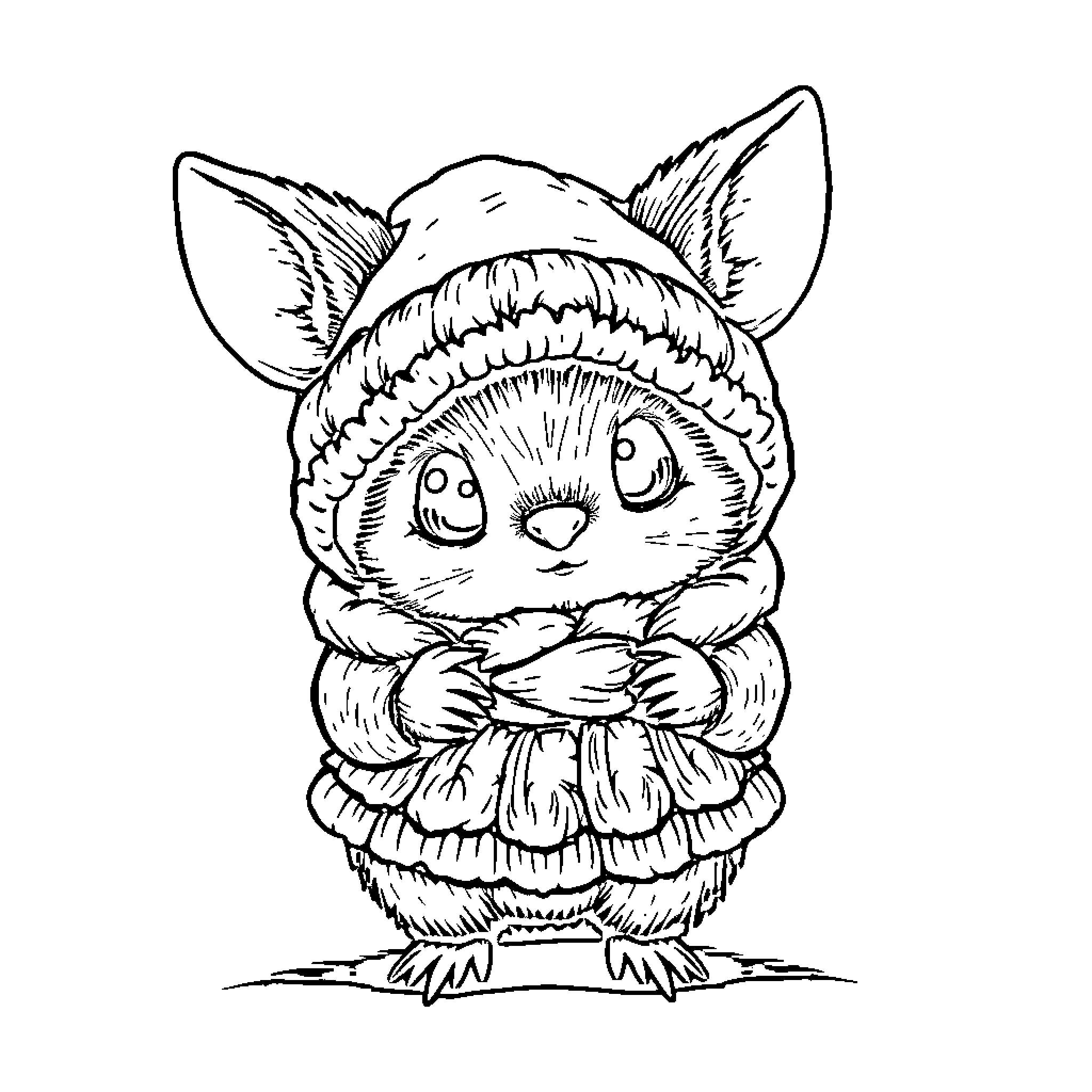 Wichtel wearing a warm winter outfit Coloring Page (free black-and-white line drawing printable PDF for all, from beginners to advanced learners, including children, teens, adults, and seniors)