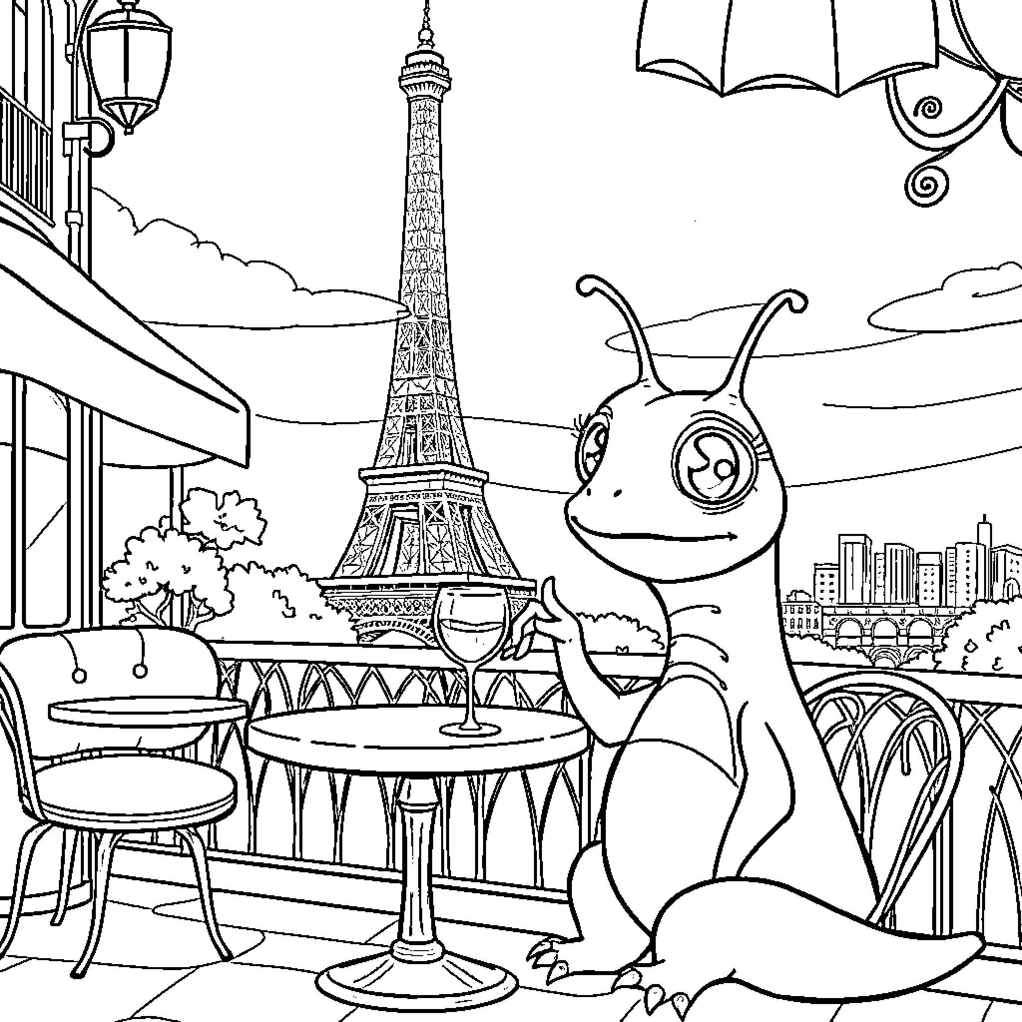 Alien exploring a whimsical Parisian cafe scene Coloring Page (free black-and-white line drawing printable PDF for all, from beginners to advanced learners, including children, teens, adults, and seniors)
