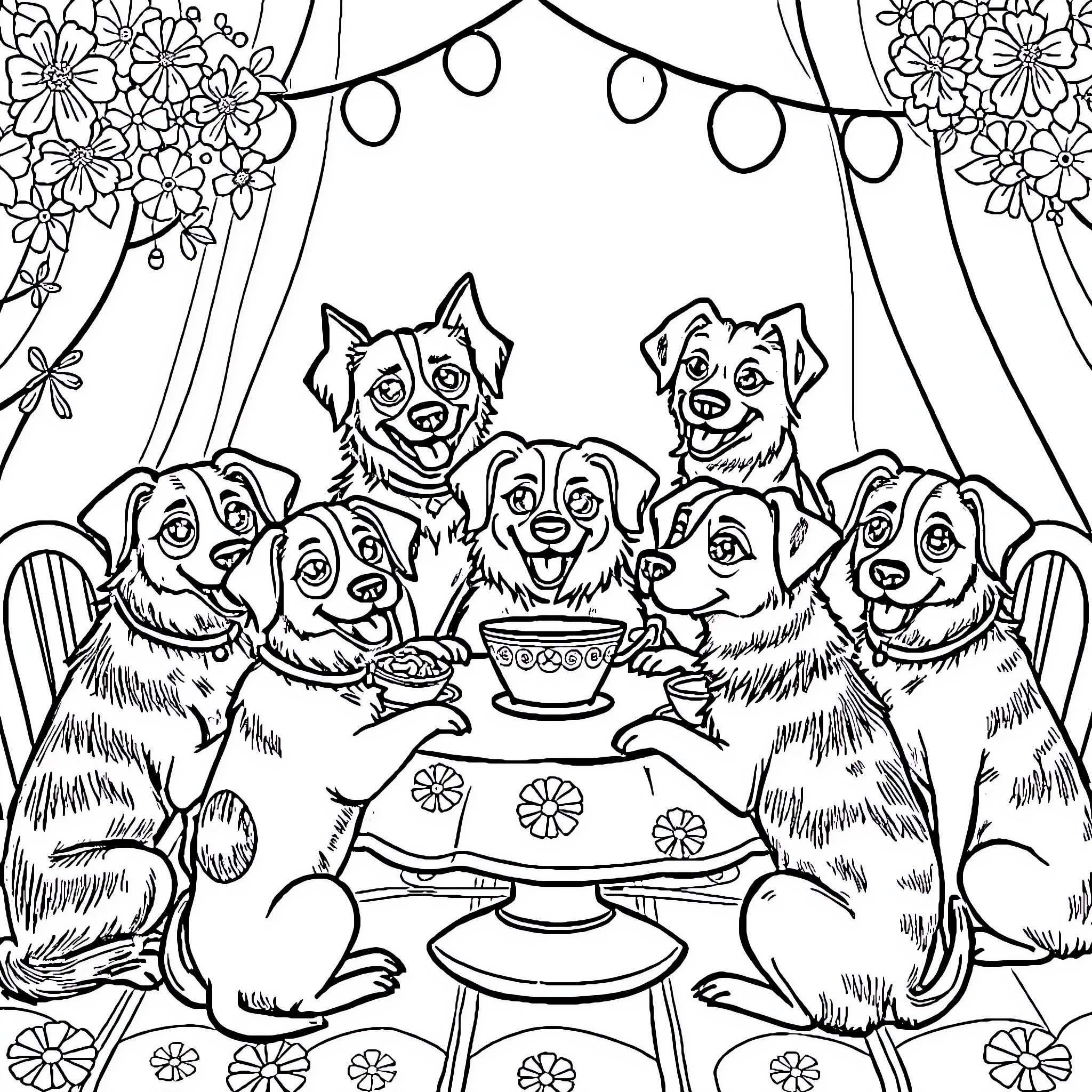 Dogs Enjoying a Cozy Gathering Coloring Page (free black-and-white line drawing printable PDF for all, from beginners to advanced learners, including children, teens, adults, and seniors)