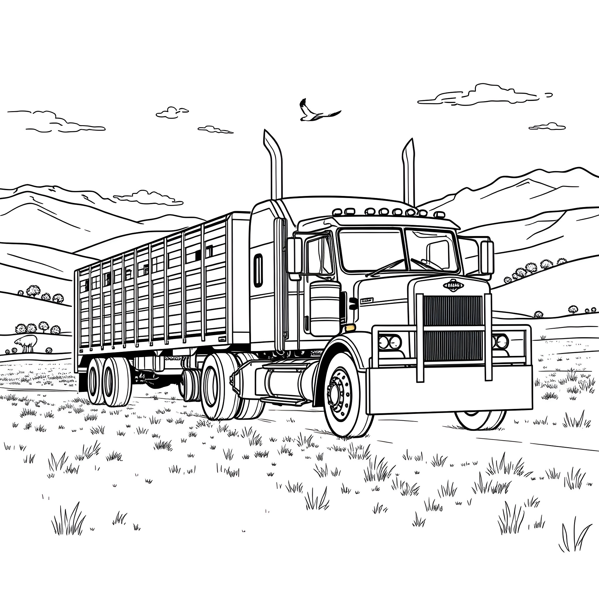 Truck hauling cargo through scenic countryside Coloring Page (free black-and-white line drawing printable PDF for all, from beginners to advanced learners, including children, teens, adults, and seniors)