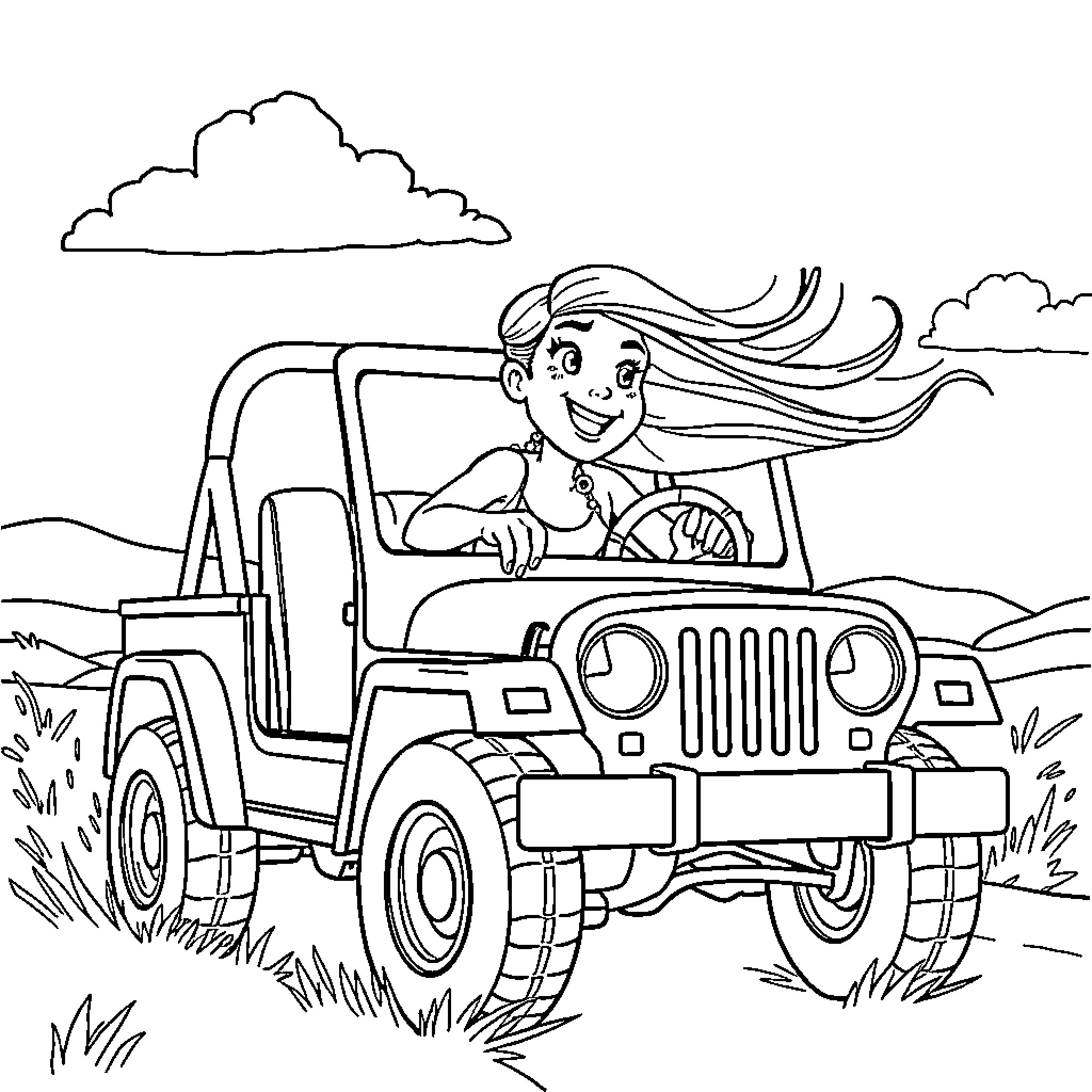 Fiona drives an off-road vehicle through the countryside Coloring Page (free black-and-white line drawing printable PDF for all, from beginners to advanced learners, including children, teens, adults, and seniors)