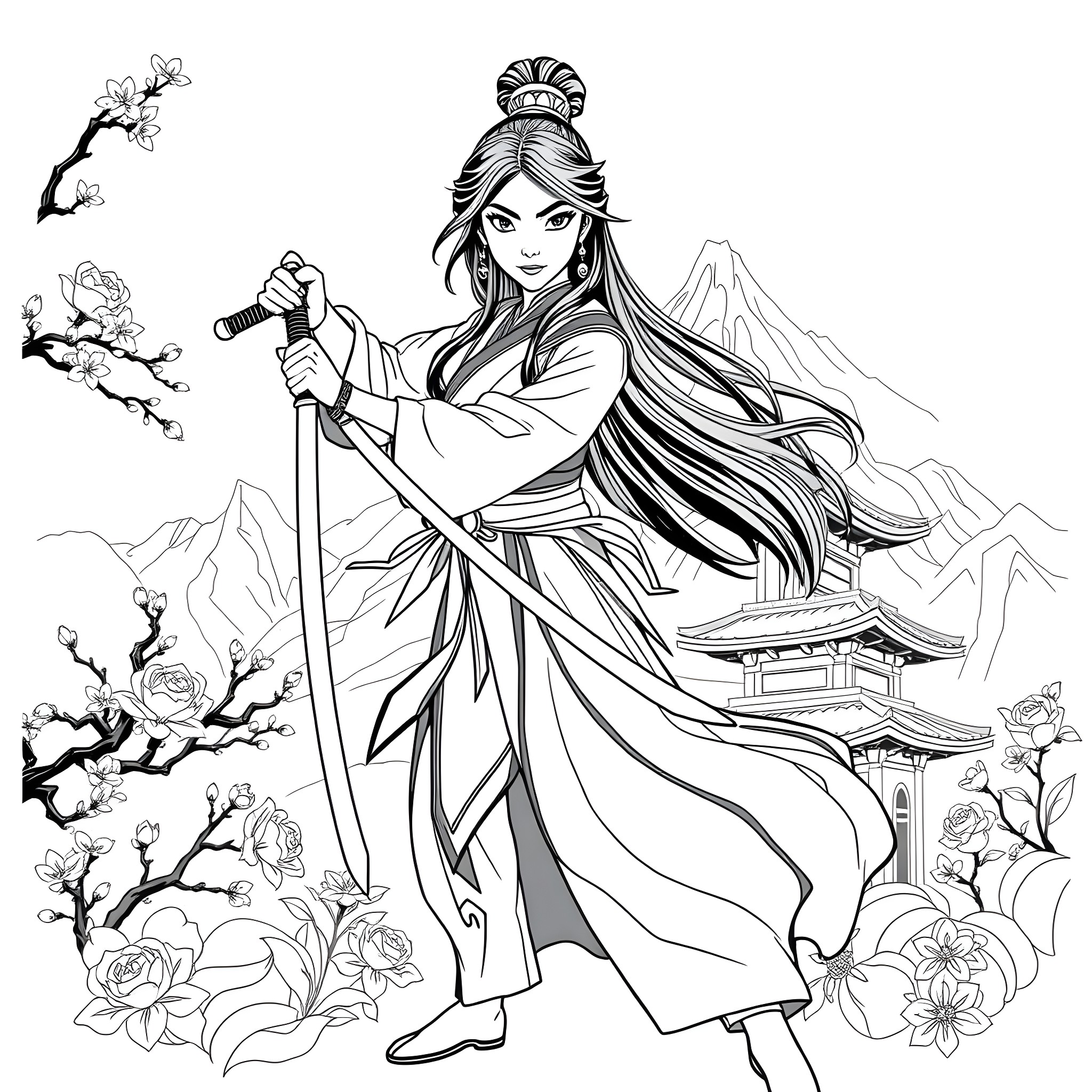 Mulan, the Warrior Princess, in Elegant Attire Coloring Page (free black-and-white line drawing printable PDF for all, from beginners to advanced learners, including children, teens, adults, and seniors)