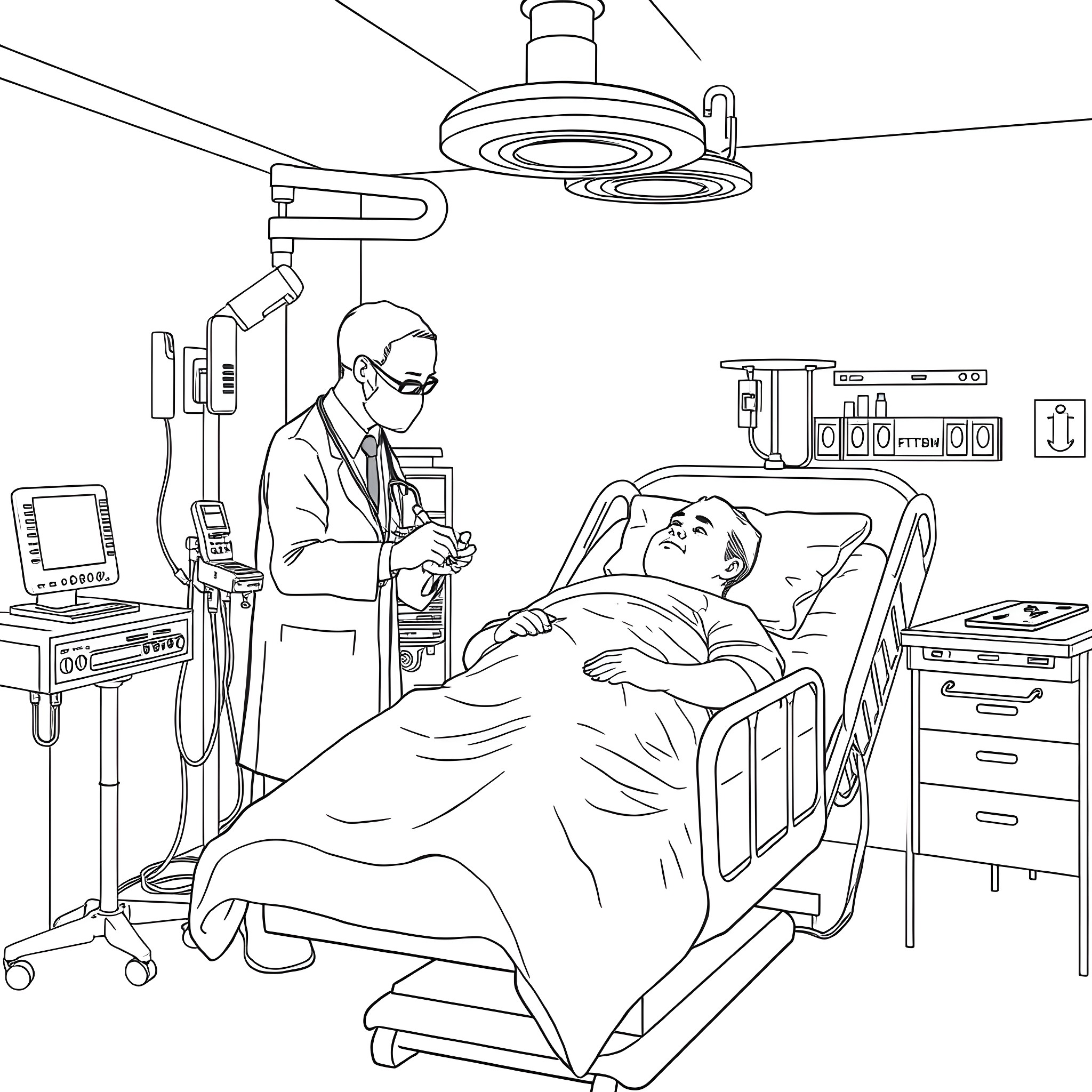 Pulmonologist examining patient in hospital room Coloring Page (free black-and-white line drawing printable PDF for all, from beginners to advanced learners, including children, teens, adults, and seniors)