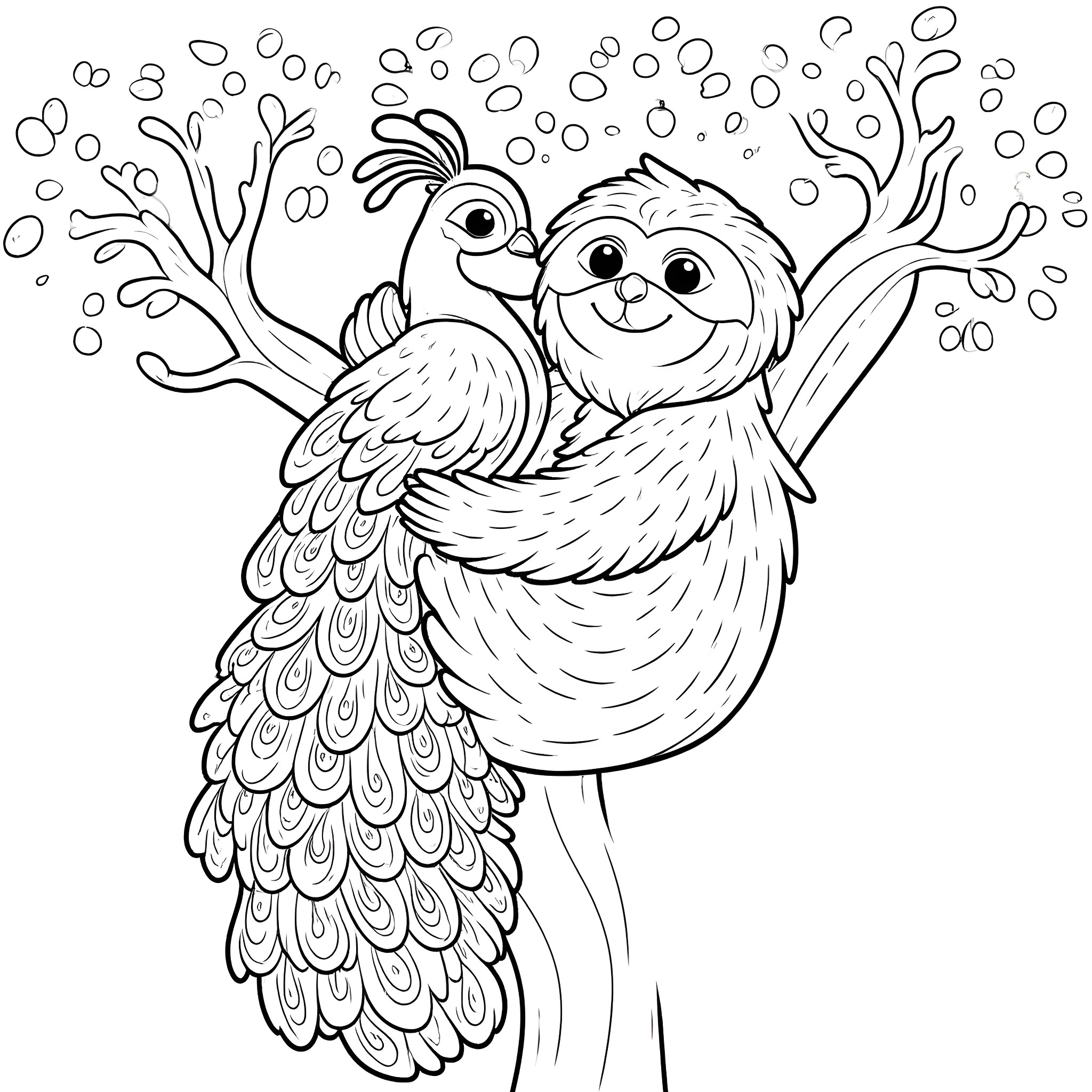 Sloth happily embracing a colorful bird Coloring Page (free black-and-white line drawing printable PDF for all, from beginners to advanced learners, including children, teens, adults, and seniors)