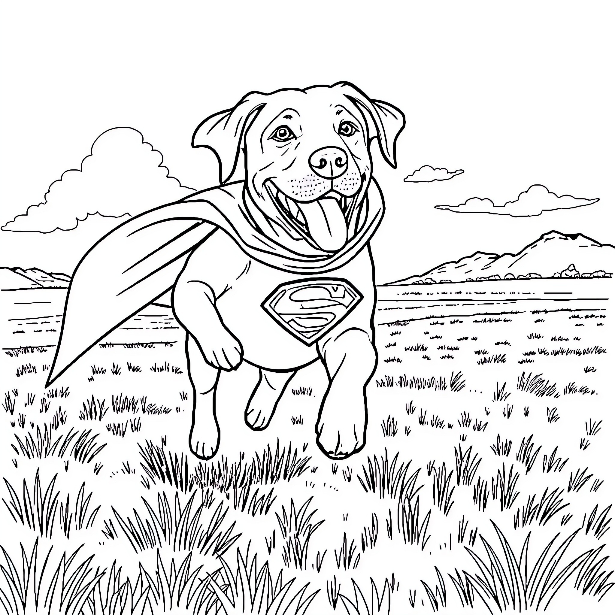 Labrador in Superhero Costume Exploring Scenic Landscape Coloring Page (free black-and-white line drawing printable PDF for all, from beginners to advanced learners, including children, teens, adults, and seniors)