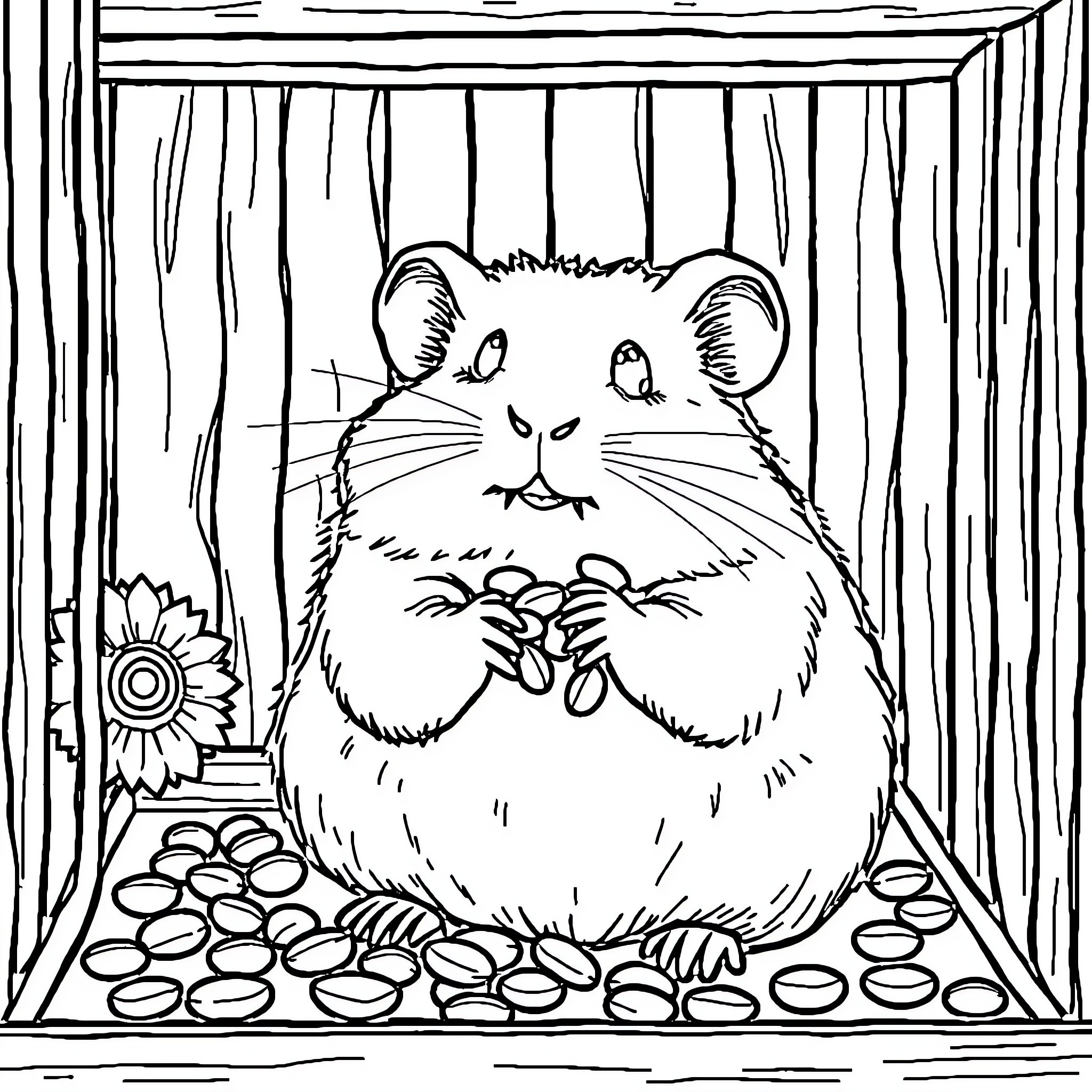 Hamster enjoying snacks in its cozy home Coloring Page (free black-and-white line drawing printable PDF for all, from beginners to advanced learners, including children, teens, adults, and seniors)
