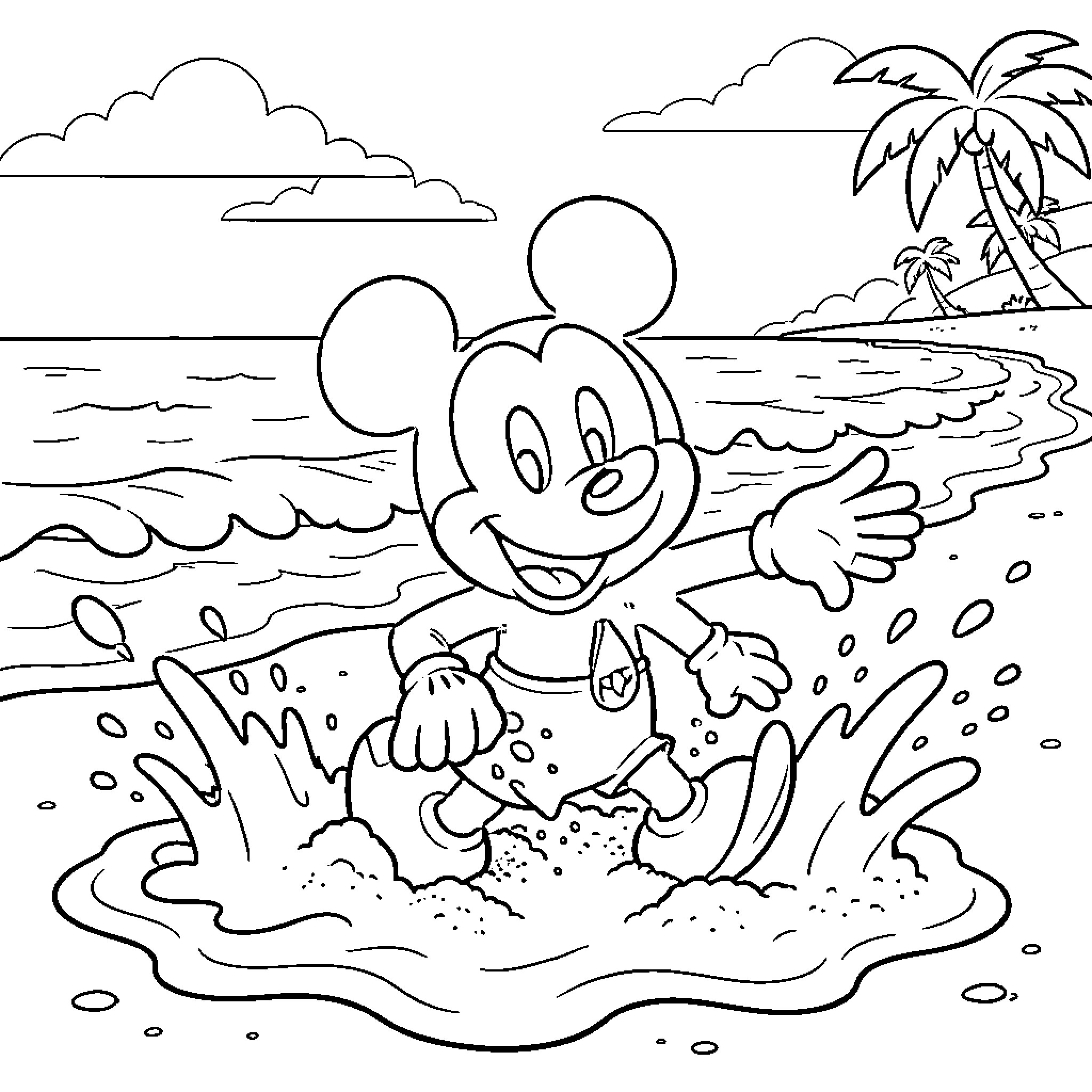 Mickey Mouse running and splashing in the ocean waves Coloring Page (free black-and-white line drawing printable PDF for all, from beginners to advanced learners, including children, teens, adults, and seniors)