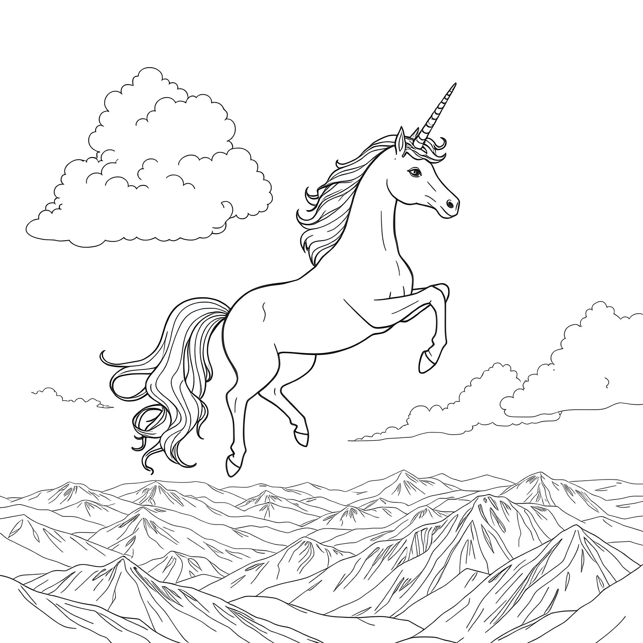 Unicorn galloping through the clouds Coloring Page (free black-and-white line drawing printable PDF for all, from beginners to advanced learners, including children, teens, adults, and seniors)