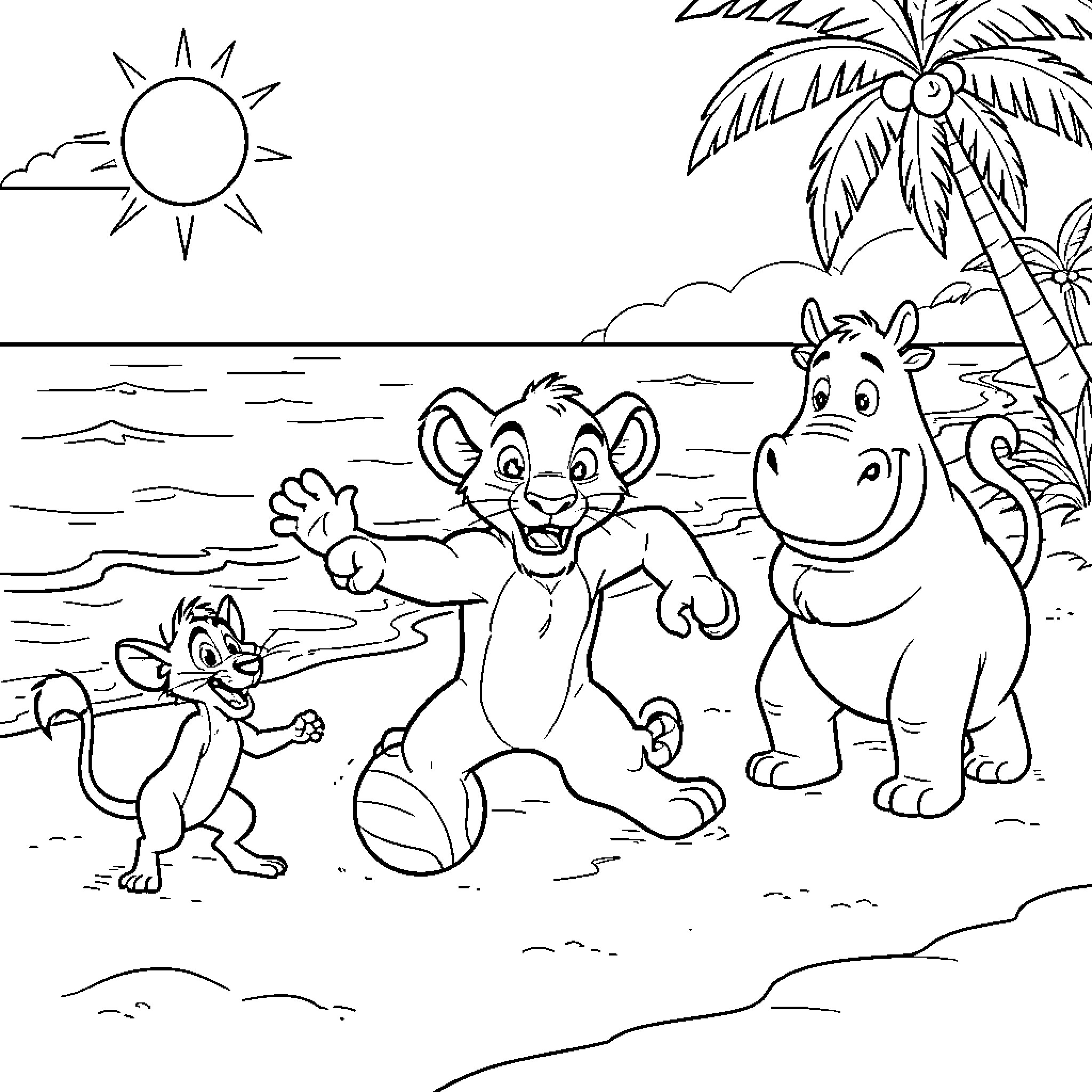 Simba playing happily on the beach with friends Coloring Page (free black-and-white line drawing printable PDF for all, from beginners to advanced learners, including children, teens, adults, and seniors)