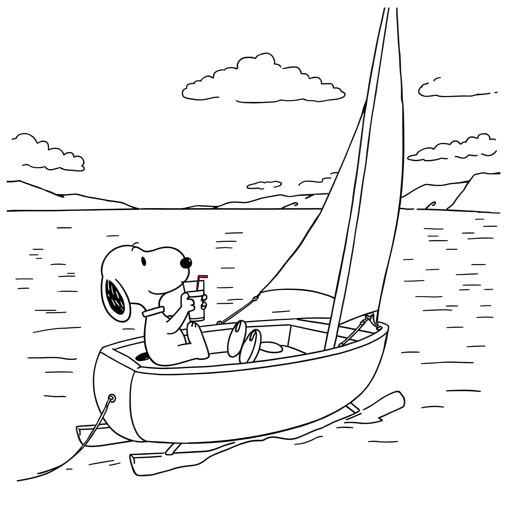Snoopy sailing a boat on the open water Coloring Page (free black-and-white line drawing printable PDF for all, from beginners to advanced learners, including children, teens, adults, and seniors)