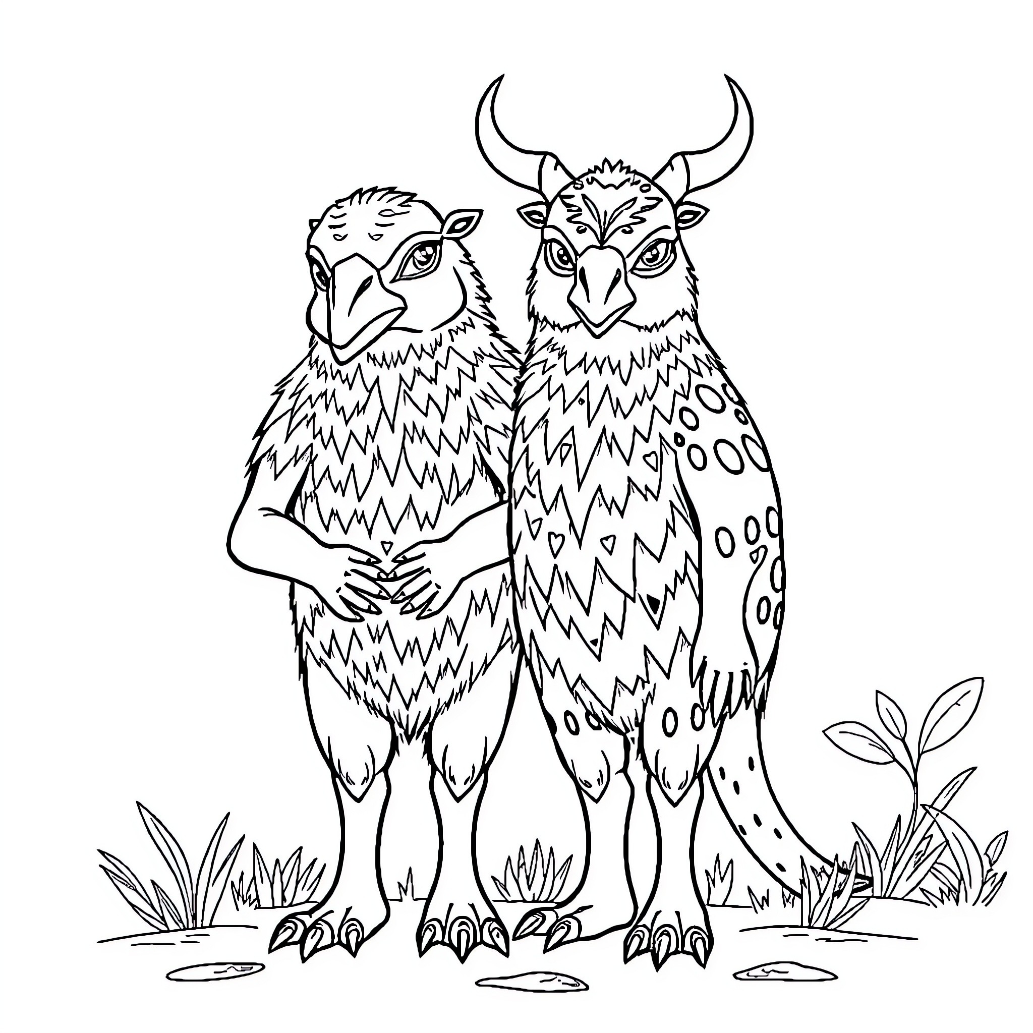 Labubu the Ferocious Minotaur-like Creatures in the Wild Coloring Page (free black-and-white line drawing printable PDF for all, from beginners to advanced learners, including children, teens, adults, and seniors)