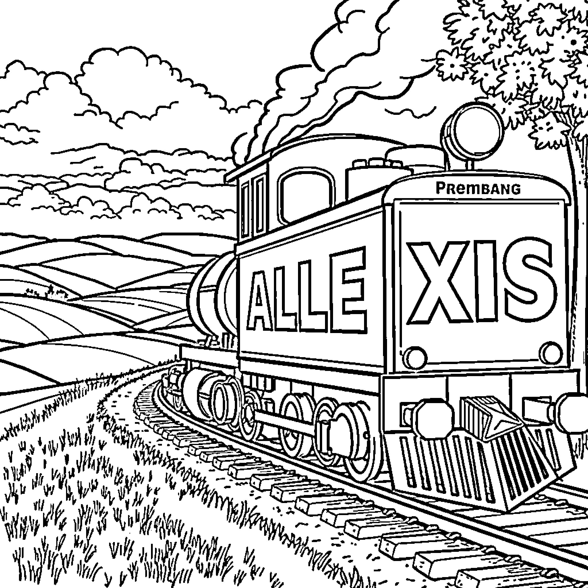 Train on the Rails Traversing Scenic Landscape Coloring Page (free black-and-white line drawing printable PDF for all, from beginners to advanced learners, including children, teens, adults, and seniors)