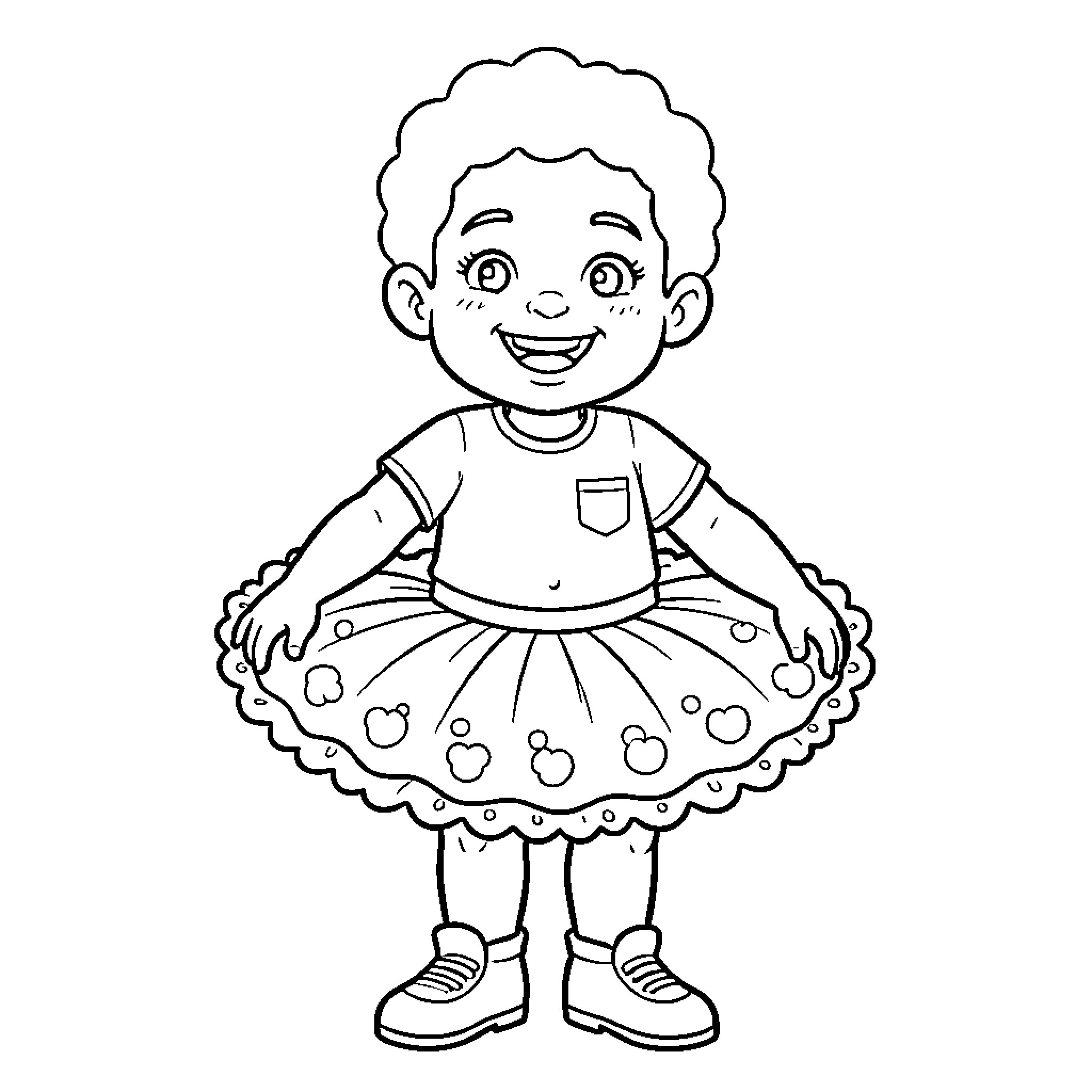 Ti-Jean smiling happily while wearing a tutu Coloring Page (free black-and-white line drawing printable PDF for all, from beginners to advanced learners, including children, teens, adults, and seniors)