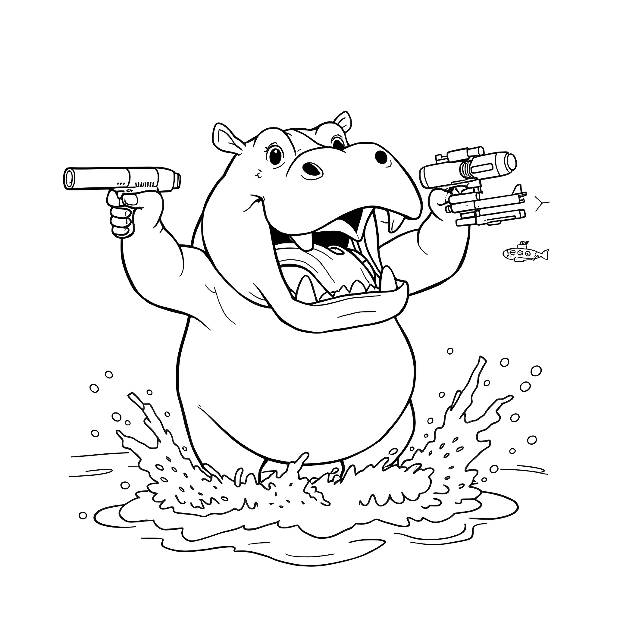 Hippo playing with water guns in the splash Coloring Page (free black-and-white line drawing printable PDF for all, from beginners to advanced learners, including children, teens, adults, and seniors)