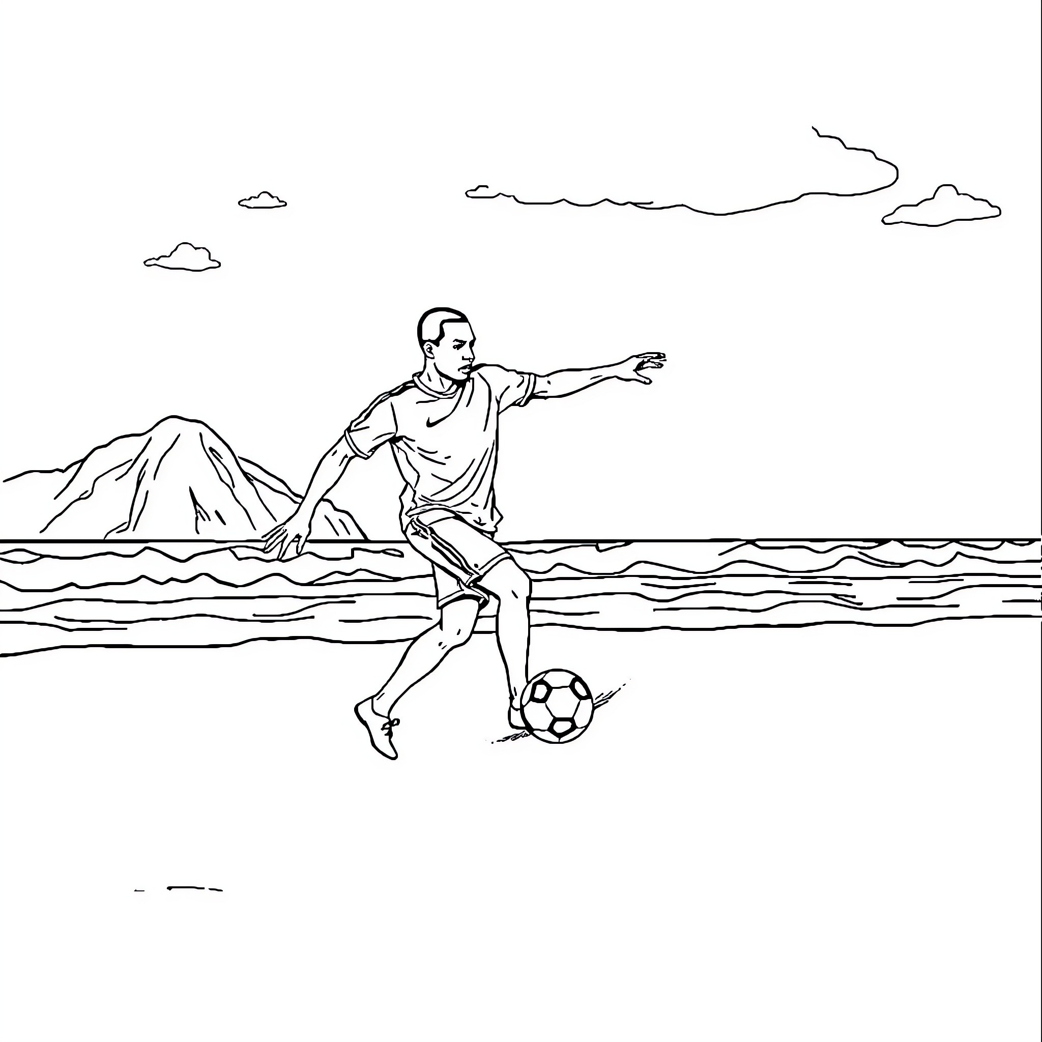 Mbappe playing soccer on the beach Coloring Page (free black-and-white line drawing printable PDF for all, from beginners to advanced learners, including children, teens, adults, and seniors)