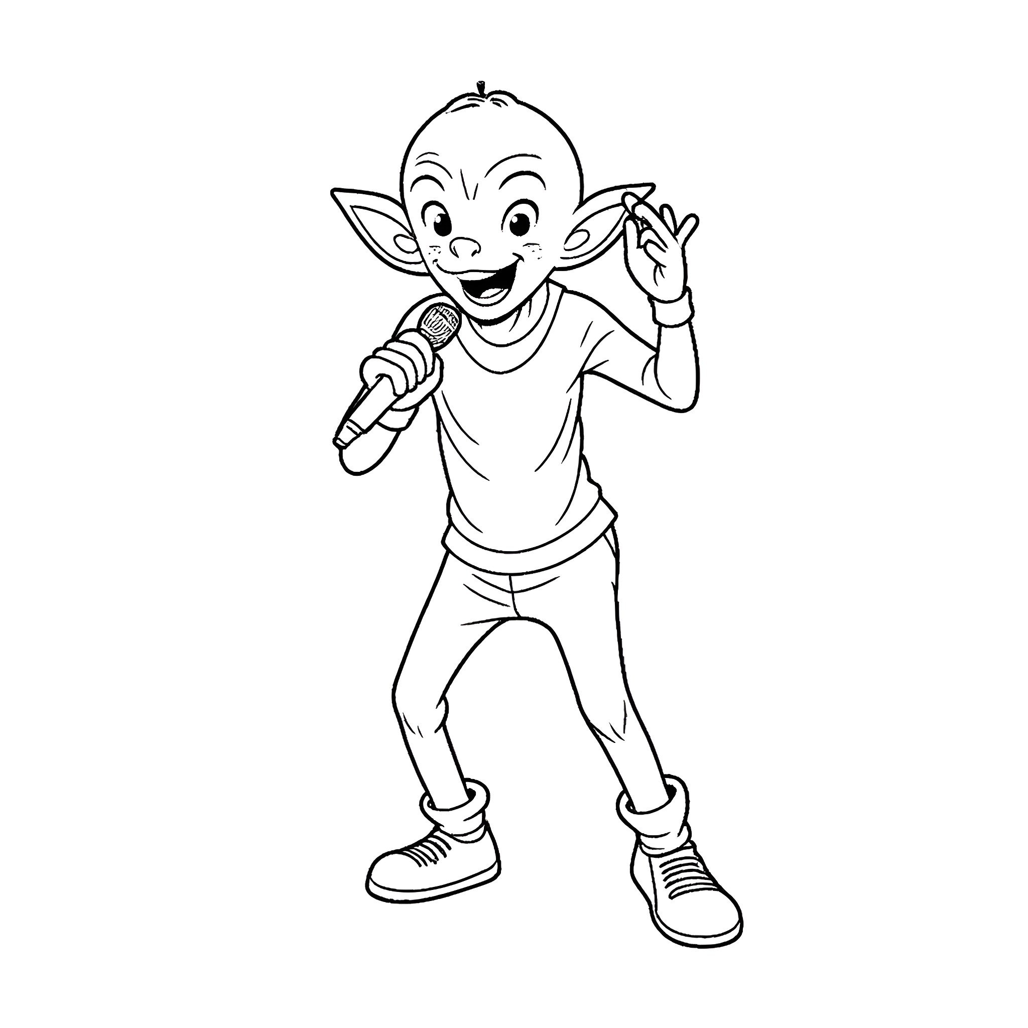 Smeagol singing joyfully on stage Coloring Page (free black-and-white line drawing printable PDF for all, from beginners to advanced learners, including children, teens, adults, and seniors)