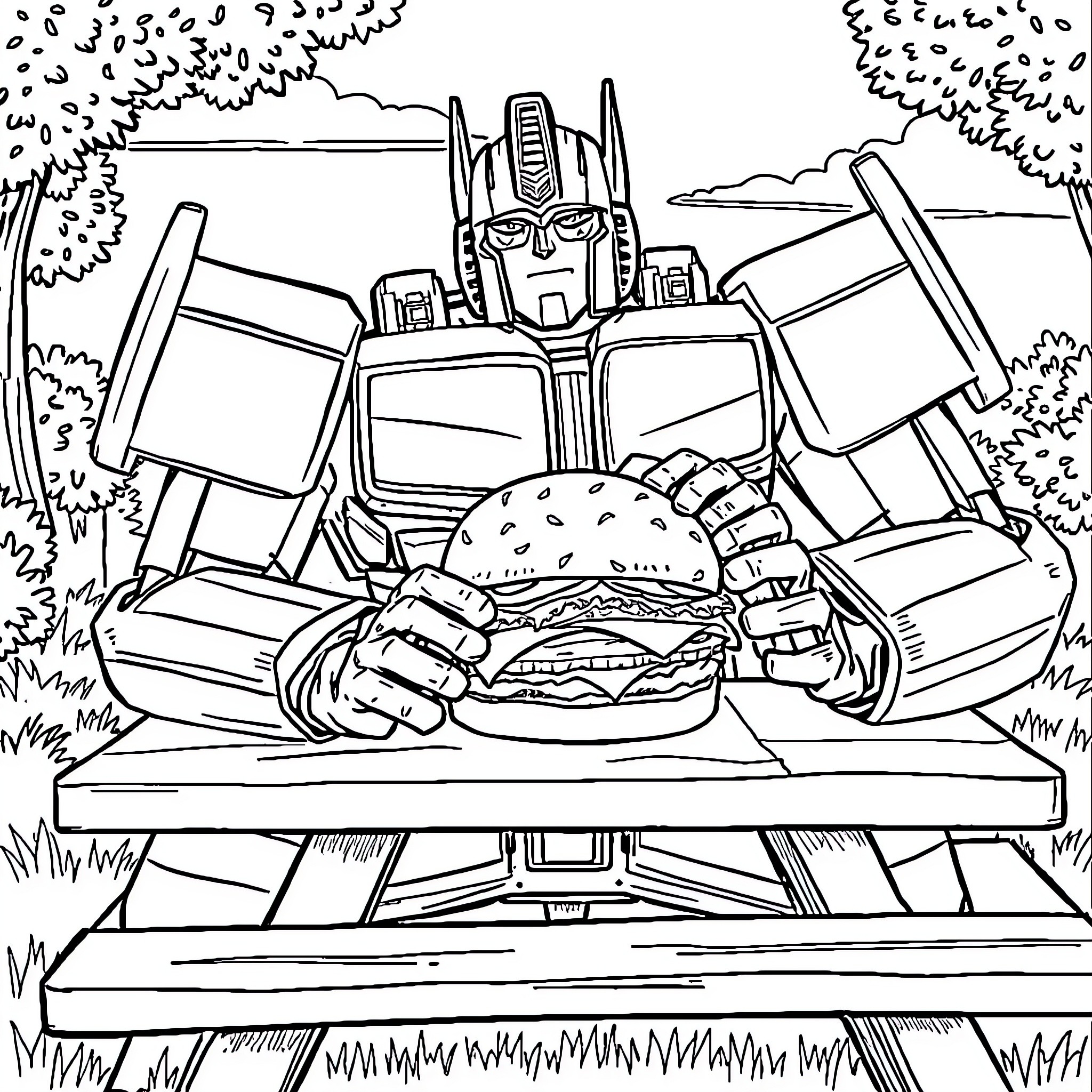 Optimus Prime enjoying a burger in nature Coloring Page (free black-and-white line drawing printable PDF for all, from beginners to advanced learners, including children, teens, adults, and seniors)