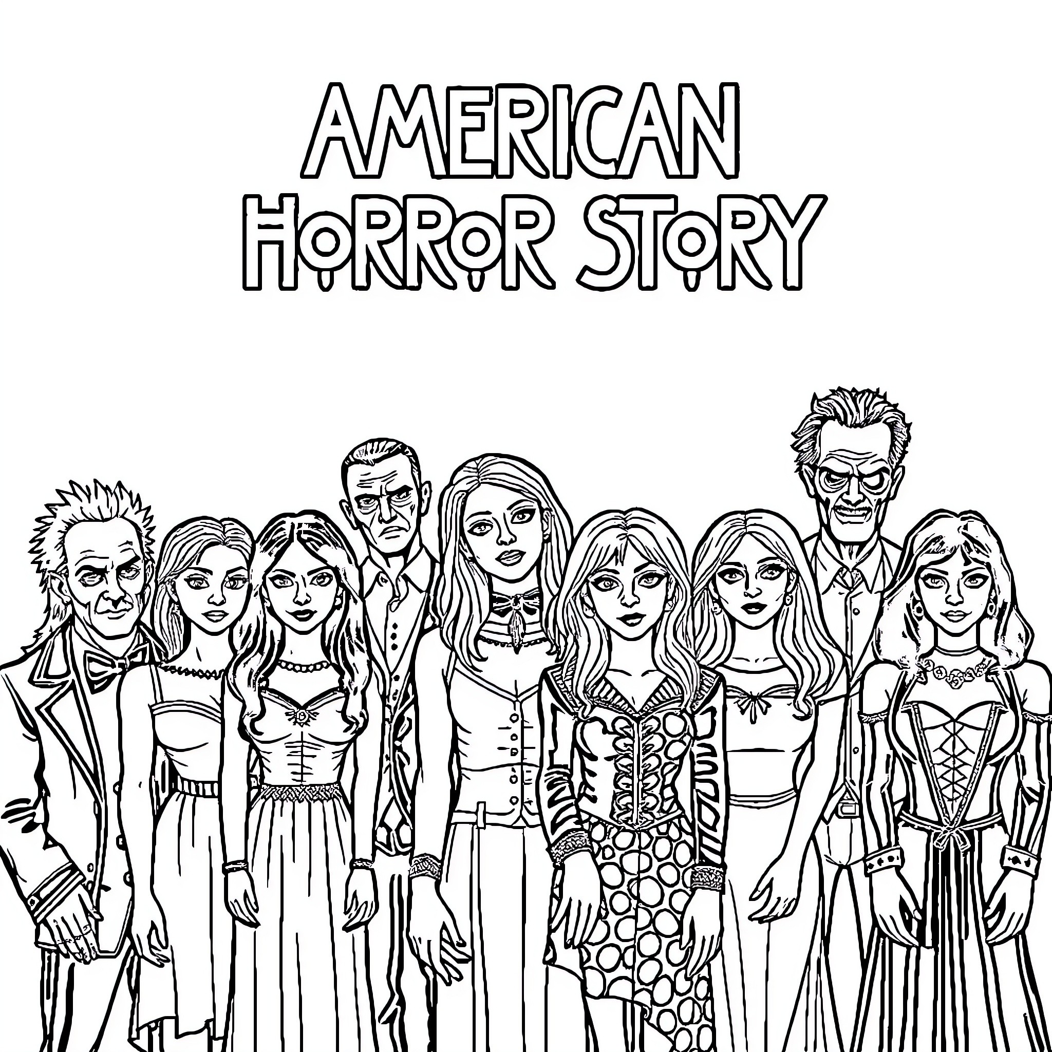 American Horror Story: Ensemble Cast in Elaborate Costumes Coloring Page (free black-and-white line drawing printable PDF for all, from beginners to advanced learners, including children, teens, adults, and seniors)