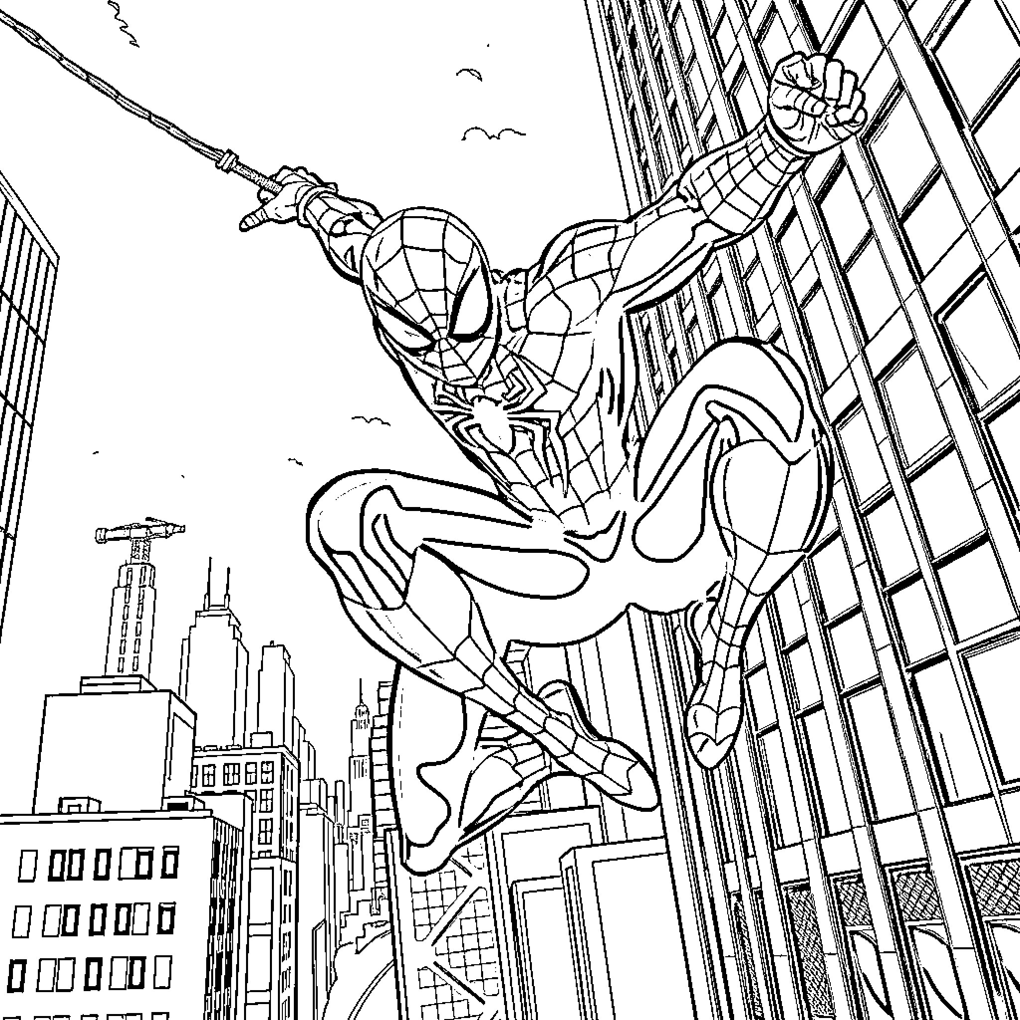 Spiderman Swinging Through the City Skyline Coloring Page (free black-and-white line drawing printable PDF for all, from beginners to advanced learners, including children, teens, adults, and seniors)