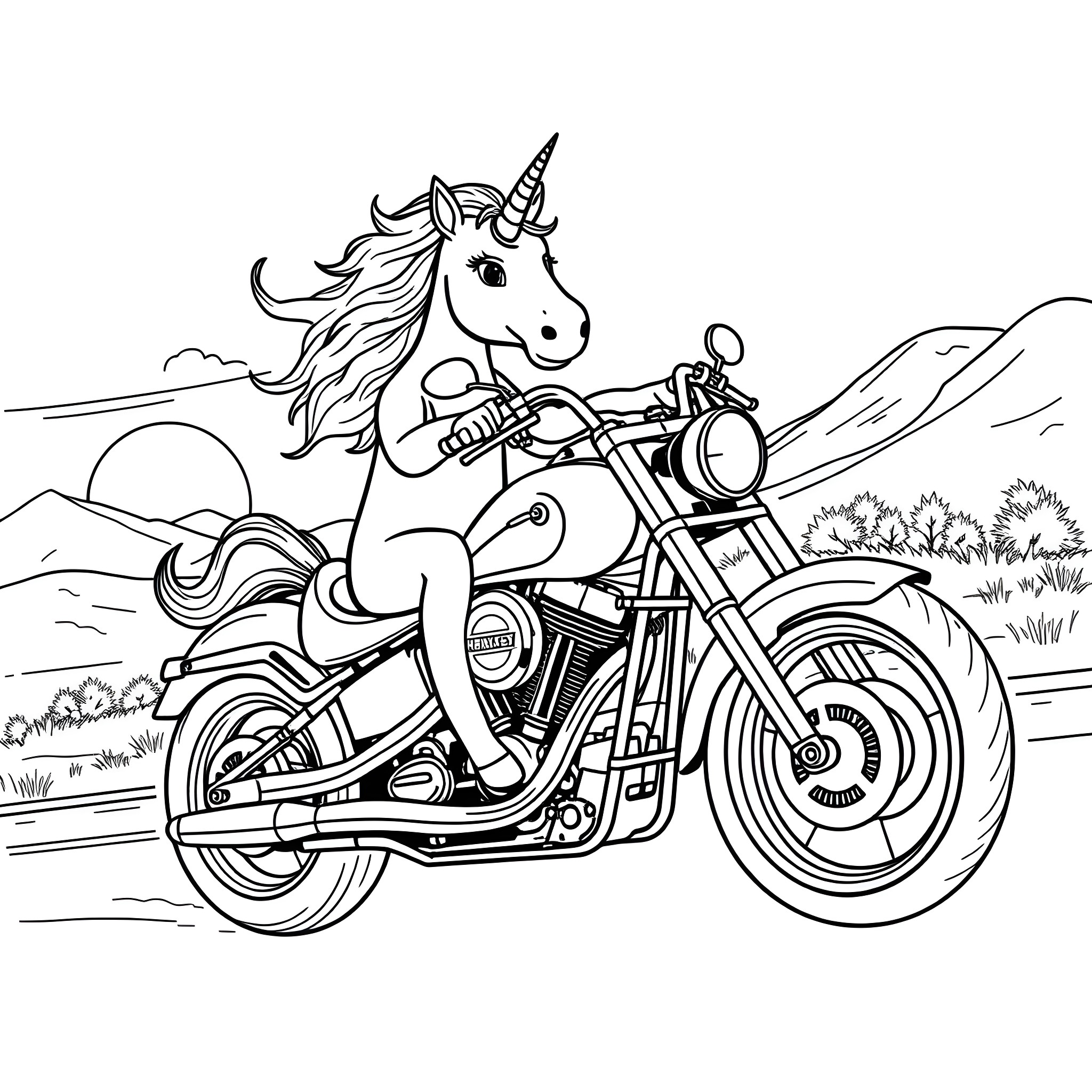Unicorn riding a motorcycle through the countryside Coloring Page (free black-and-white line drawing printable PDF for all, from beginners to advanced learners, including children, teens, adults, and seniors)