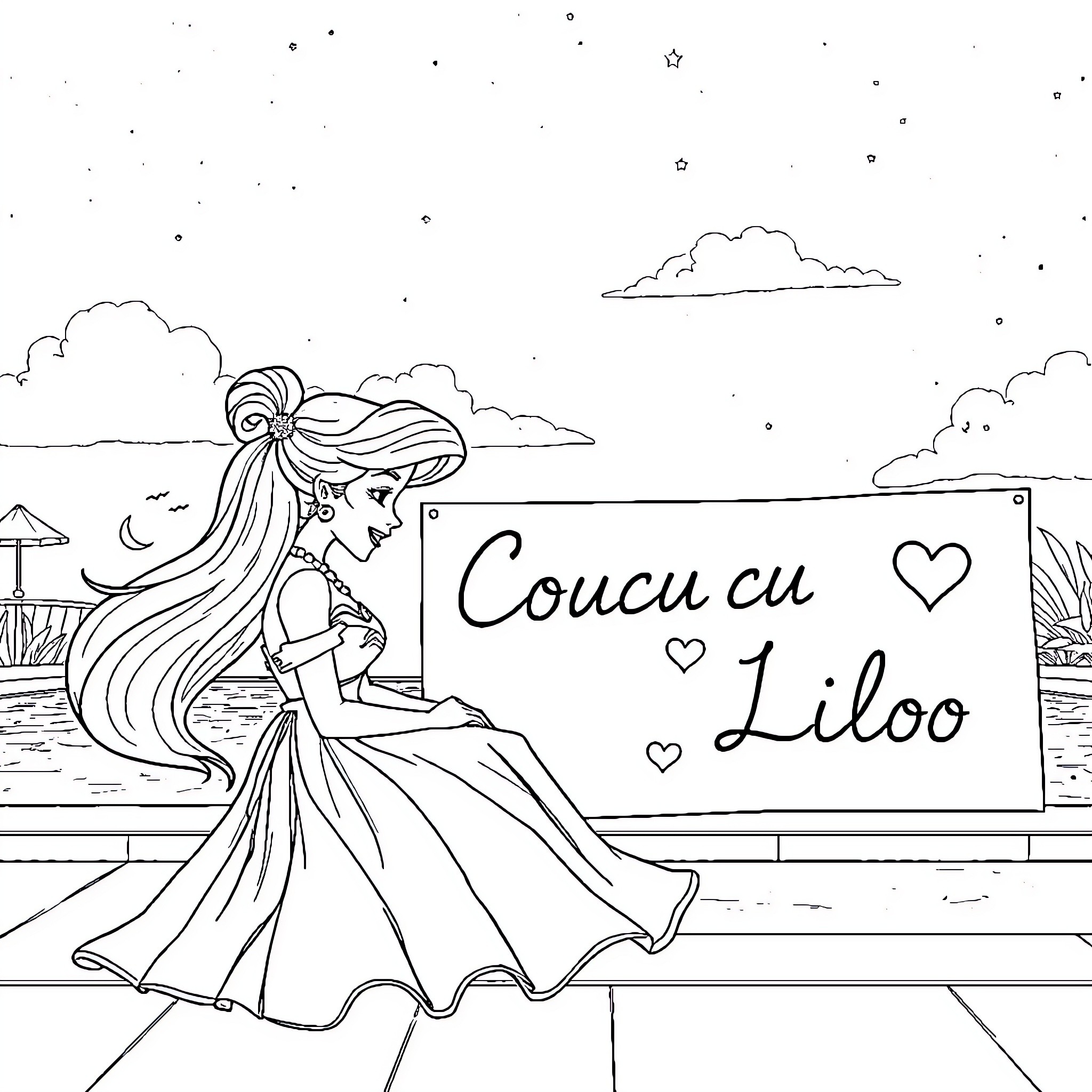 Cinderella's Fairytale Stroll by the Starry Night Coloring Page (free black-and-white line drawing printable PDF for all, from beginners to advanced learners, including children, teens, adults, and seniors)