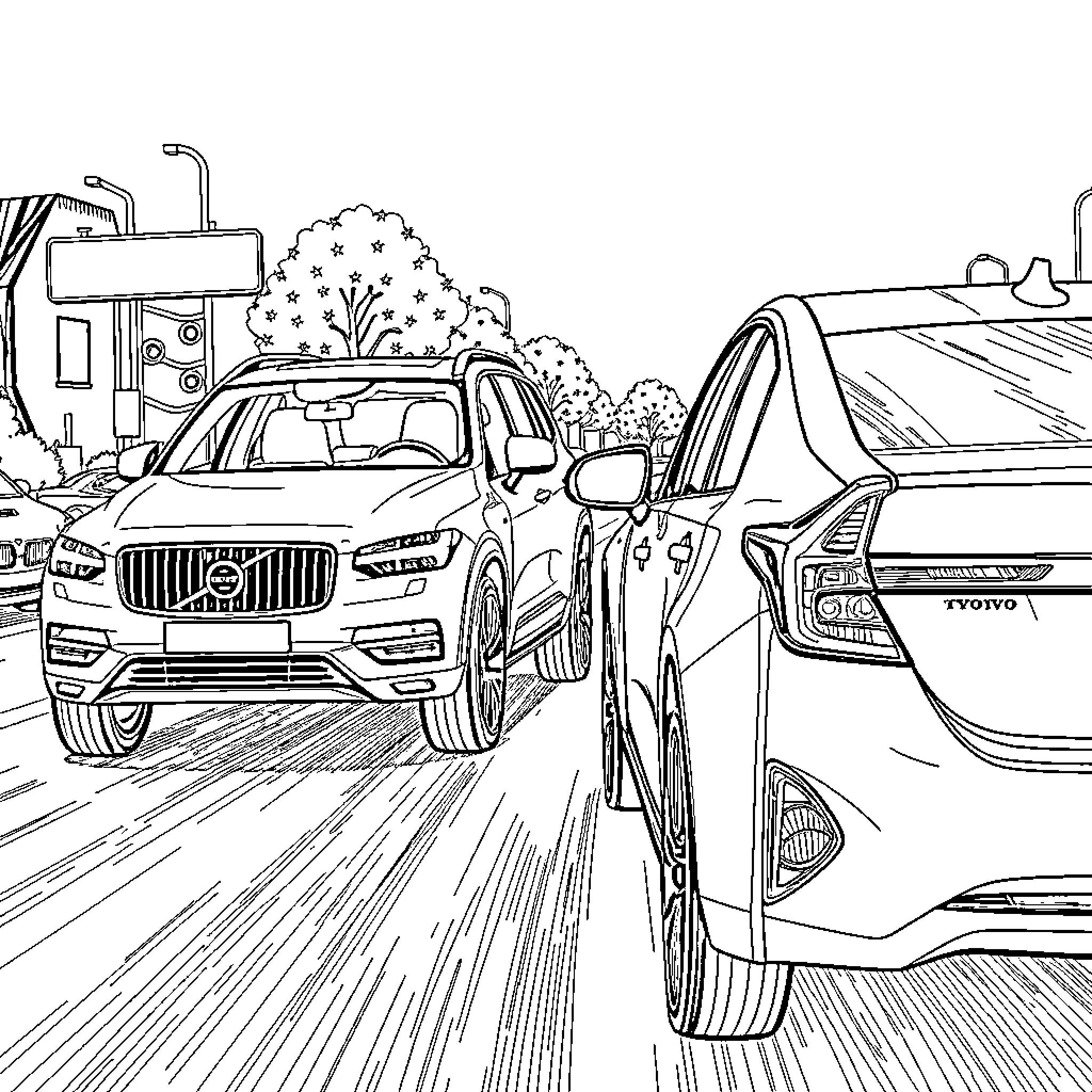 Cars on the road in the city Coloring Page (free black-and-white line drawing printable PDF for all, from beginners to advanced learners, including children, teens, adults, and seniors)