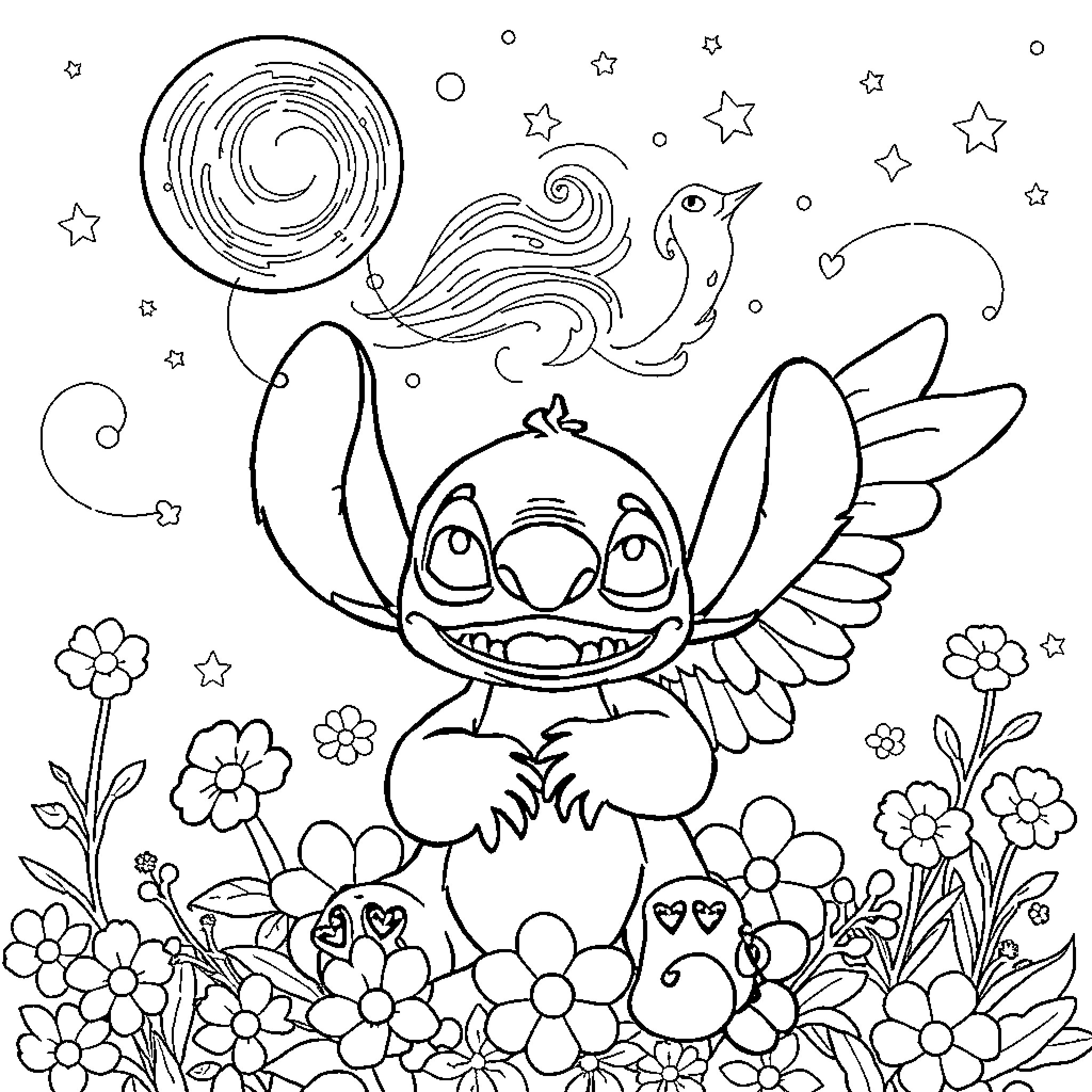 Stitch enjoying the starry night with flowers Coloring Page (free black-and-white line drawing printable PDF for all, from beginners to advanced learners, including children, teens, adults, and seniors)