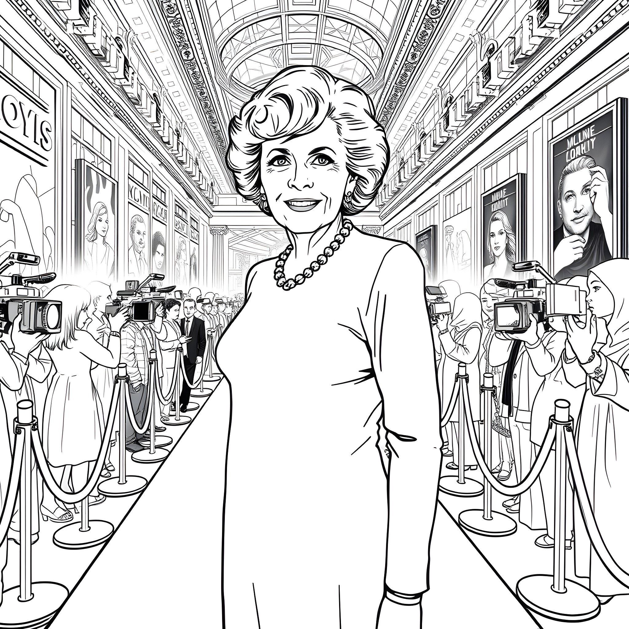Julie Walters attending a glamorous Hollywood event Coloring Page (free black-and-white line drawing printable PDF for all, from beginners to advanced learners, including children, teens, adults, and seniors)