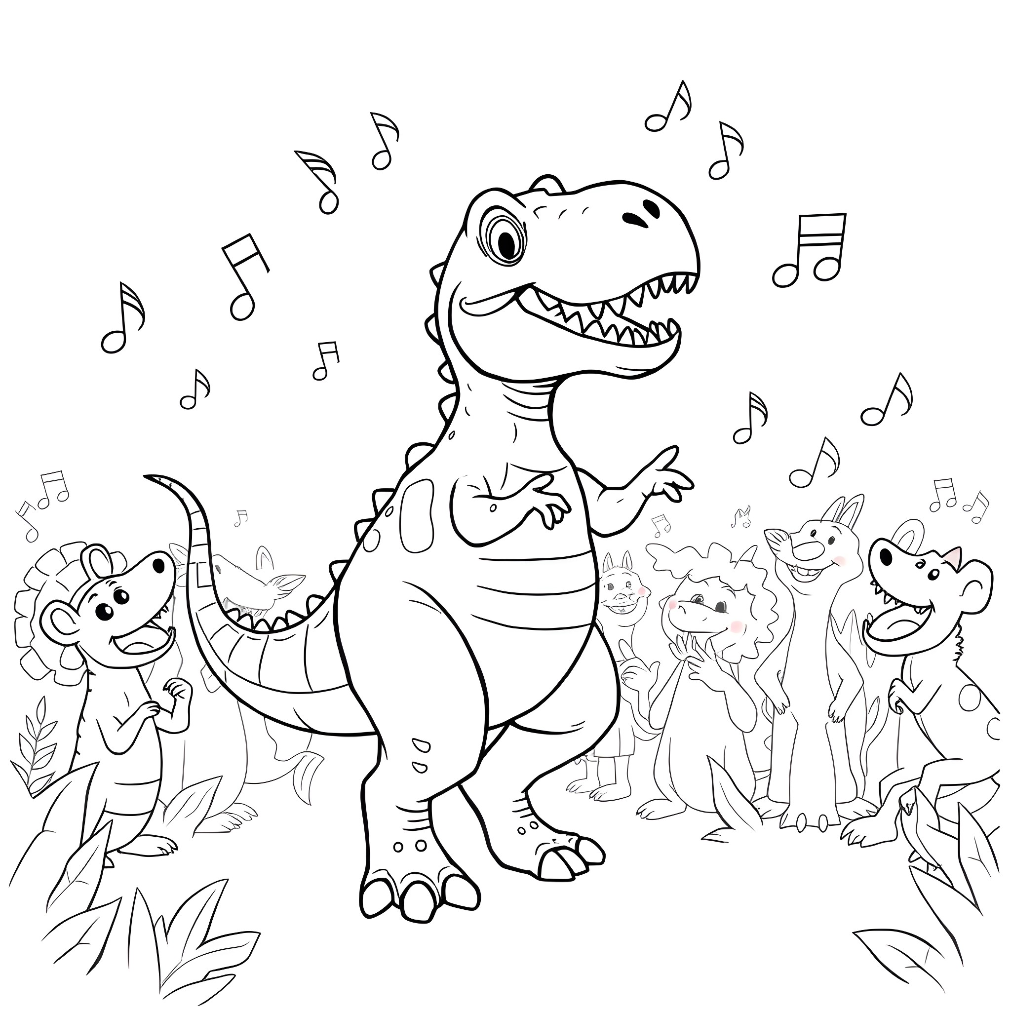 Dinosaur singing and dancing with friends Coloring Page (free black-and-white line drawing printable PDF for all, from beginners to advanced learners, including children, teens, adults, and seniors)