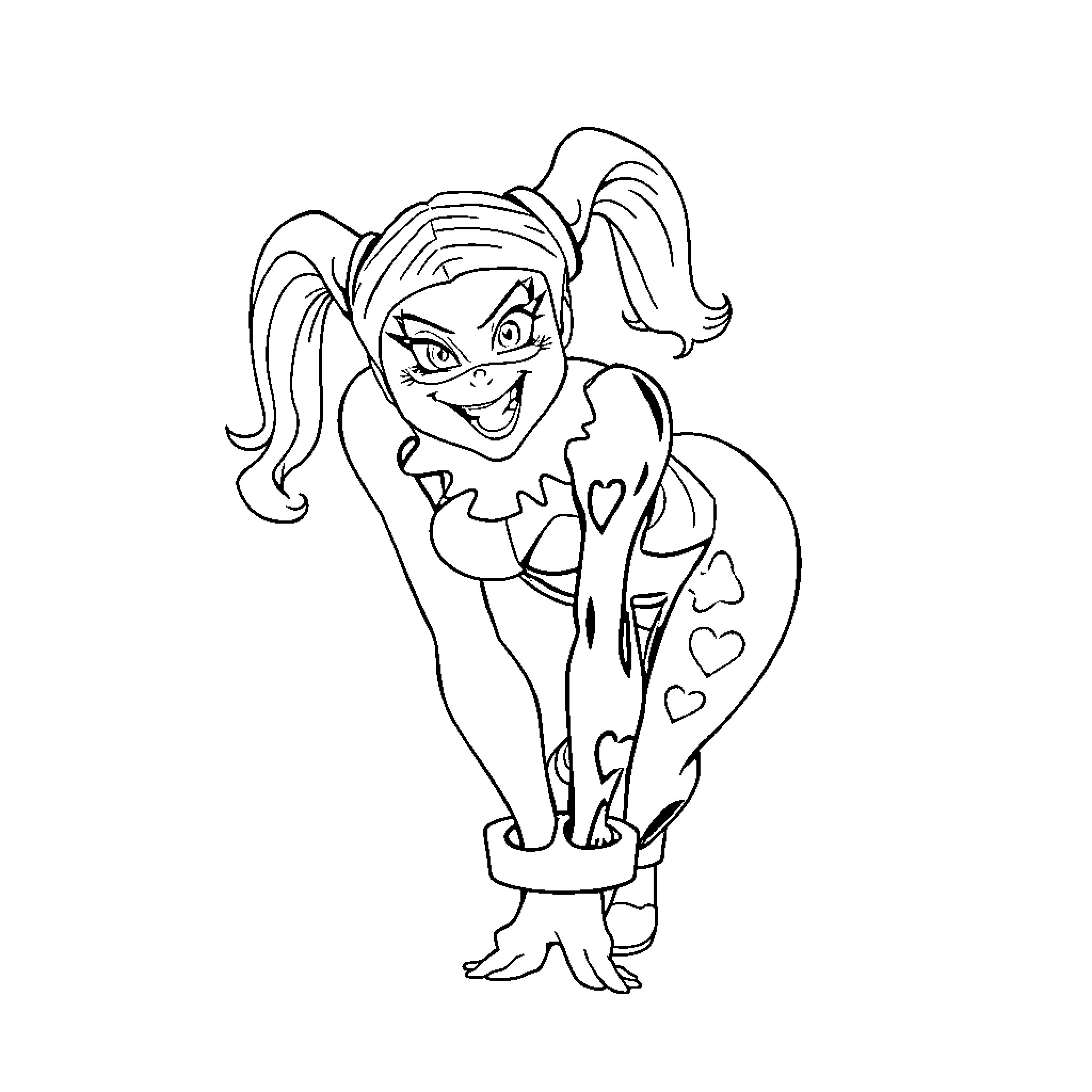 Harley Quinn in Playful Pose Coloring Page (free black-and-white line drawing printable PDF for all, from beginners to advanced learners, including children, teens, adults, and seniors)