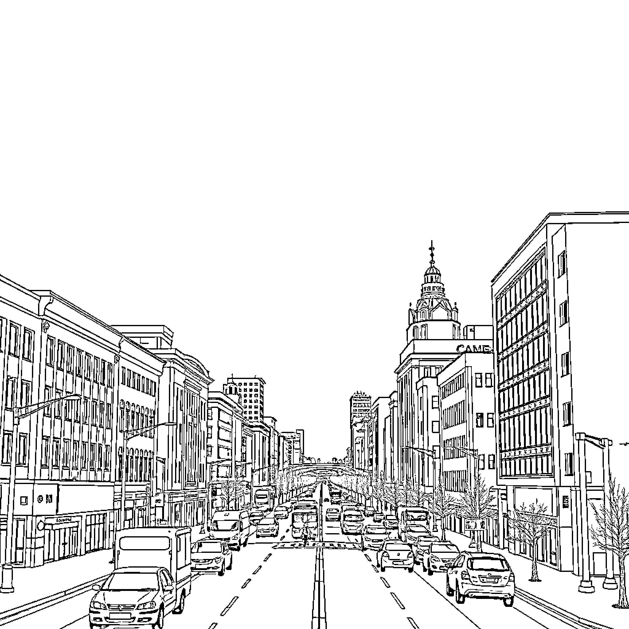 Omsk cityscape with bustling traffic and urban architecture Coloring Page (free black-and-white line drawing printable PDF for all, from beginners to advanced learners, including children, teens, adults, and seniors)