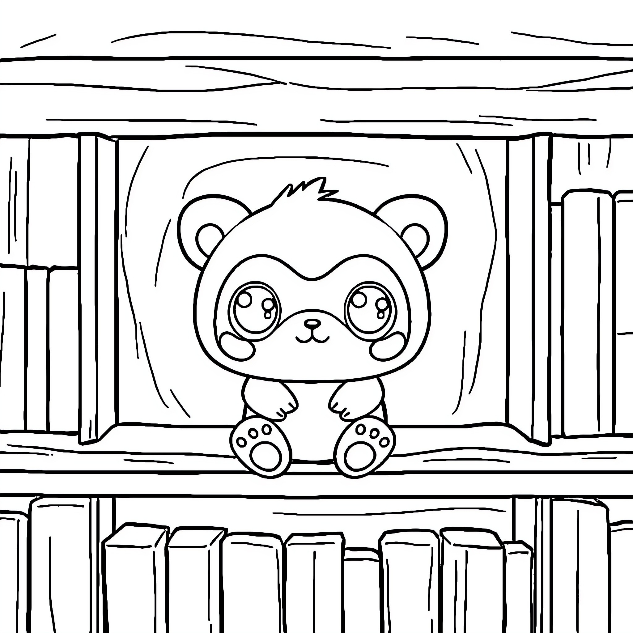 Labubu the Cute Panda on Bookshelf Coloring Page (free black-and-white line drawing printable PDF for all, from beginners to advanced learners, including children, teens, adults, and seniors)