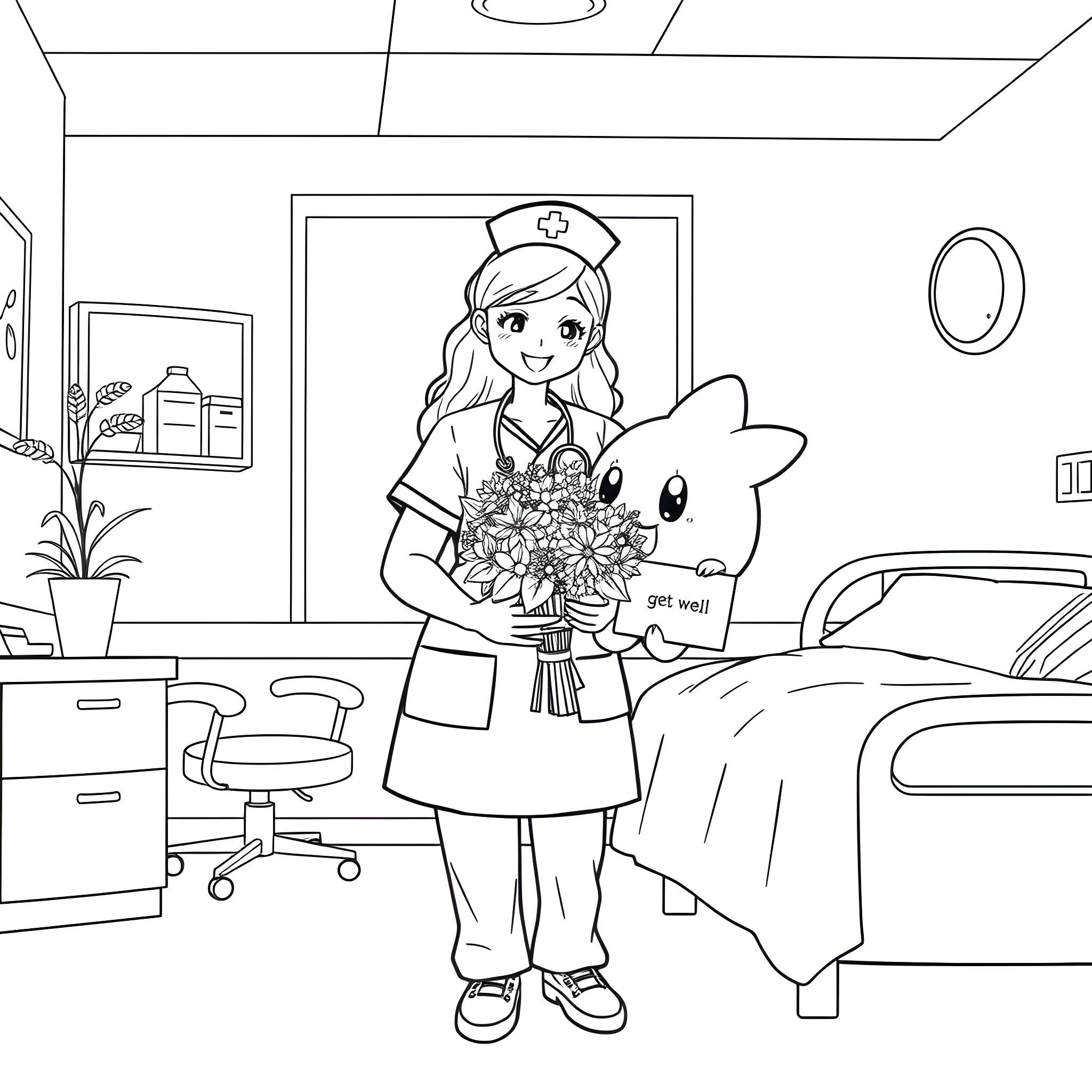 Nurse caring for patient with flowers in hospital room Coloring Page (free black-and-white line drawing printable PDF for all, from beginners to advanced learners, including children, teens, adults, and seniors)