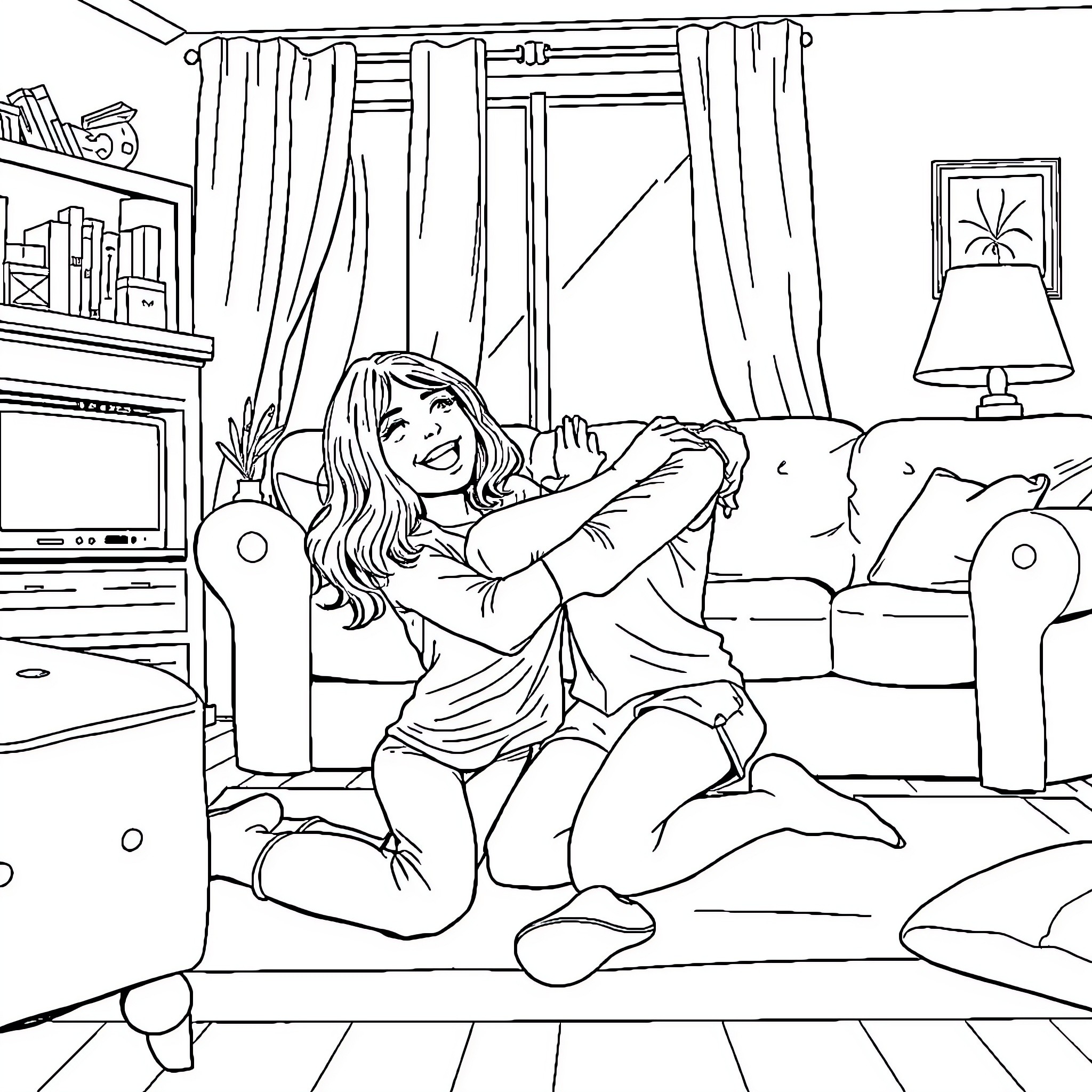 Gilmore Girls in Cozy Comfort at Home Coloring Page (free black-and-white line drawing printable PDF for all, from beginners to advanced learners, including children, teens, adults, and seniors)