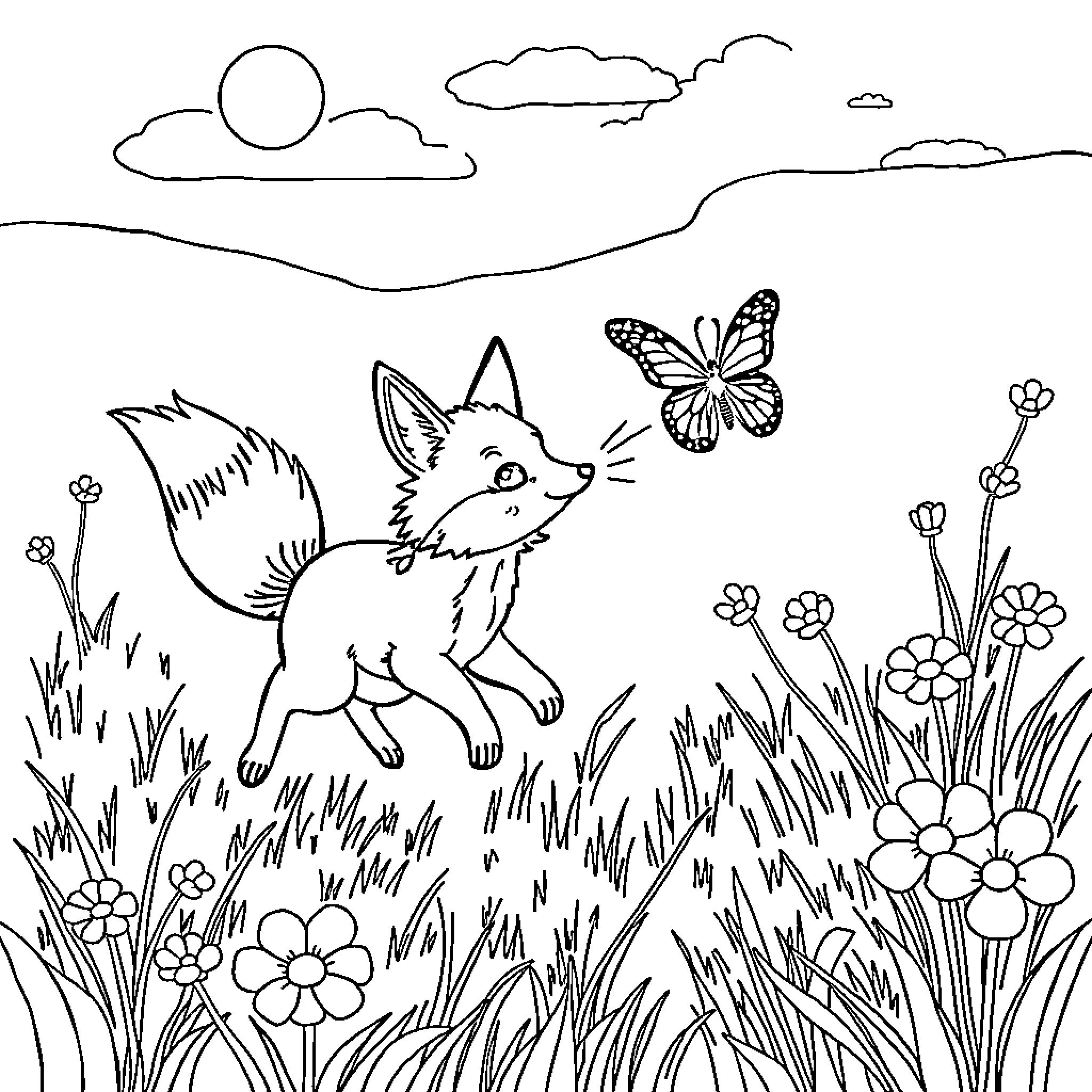 Fox chasing after a butterfly in a flower-filled meadow Coloring Page (free black-and-white line drawing printable PDF for all, from beginners to advanced learners, including children, teens, adults, and seniors)