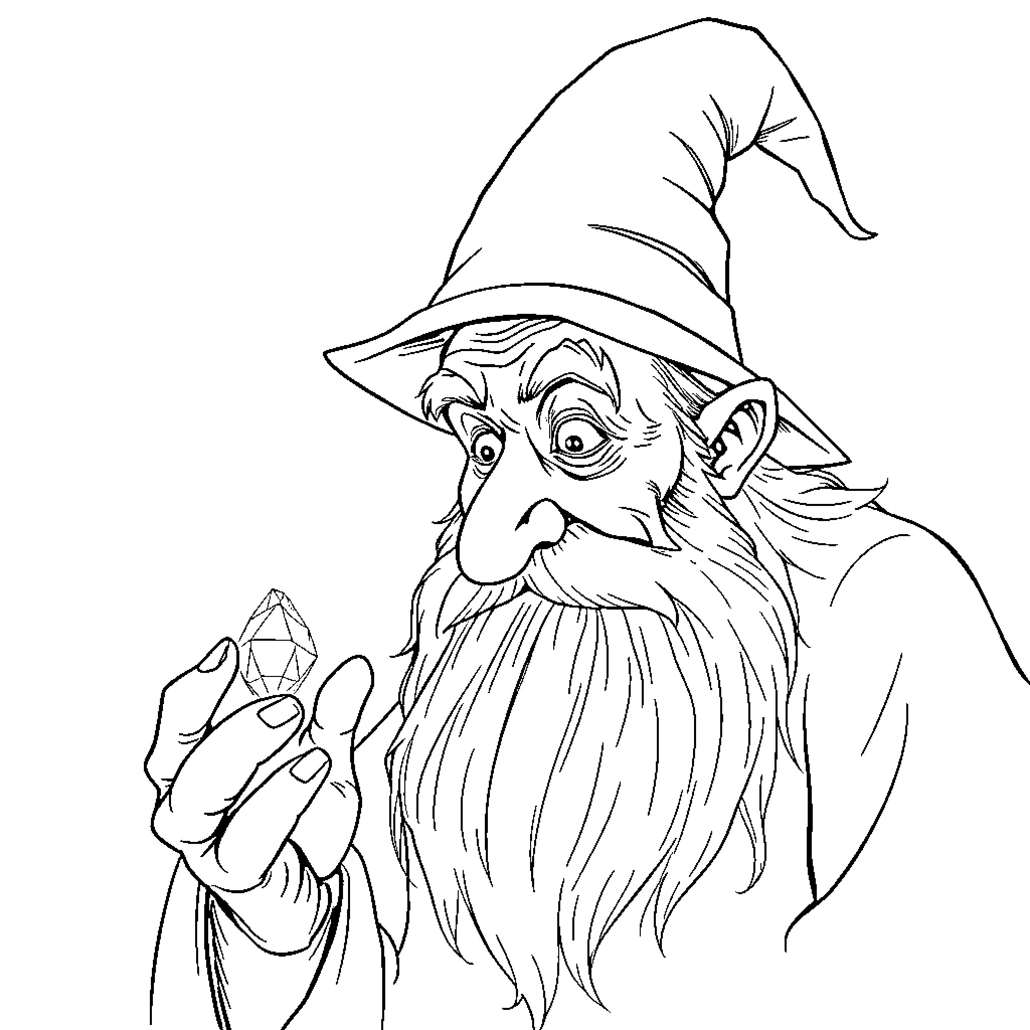 Wizard casting a spell with a crystal Coloring Page (free black-and-white line drawing printable PDF for all, from beginners to advanced learners, including children, teens, adults, and seniors)