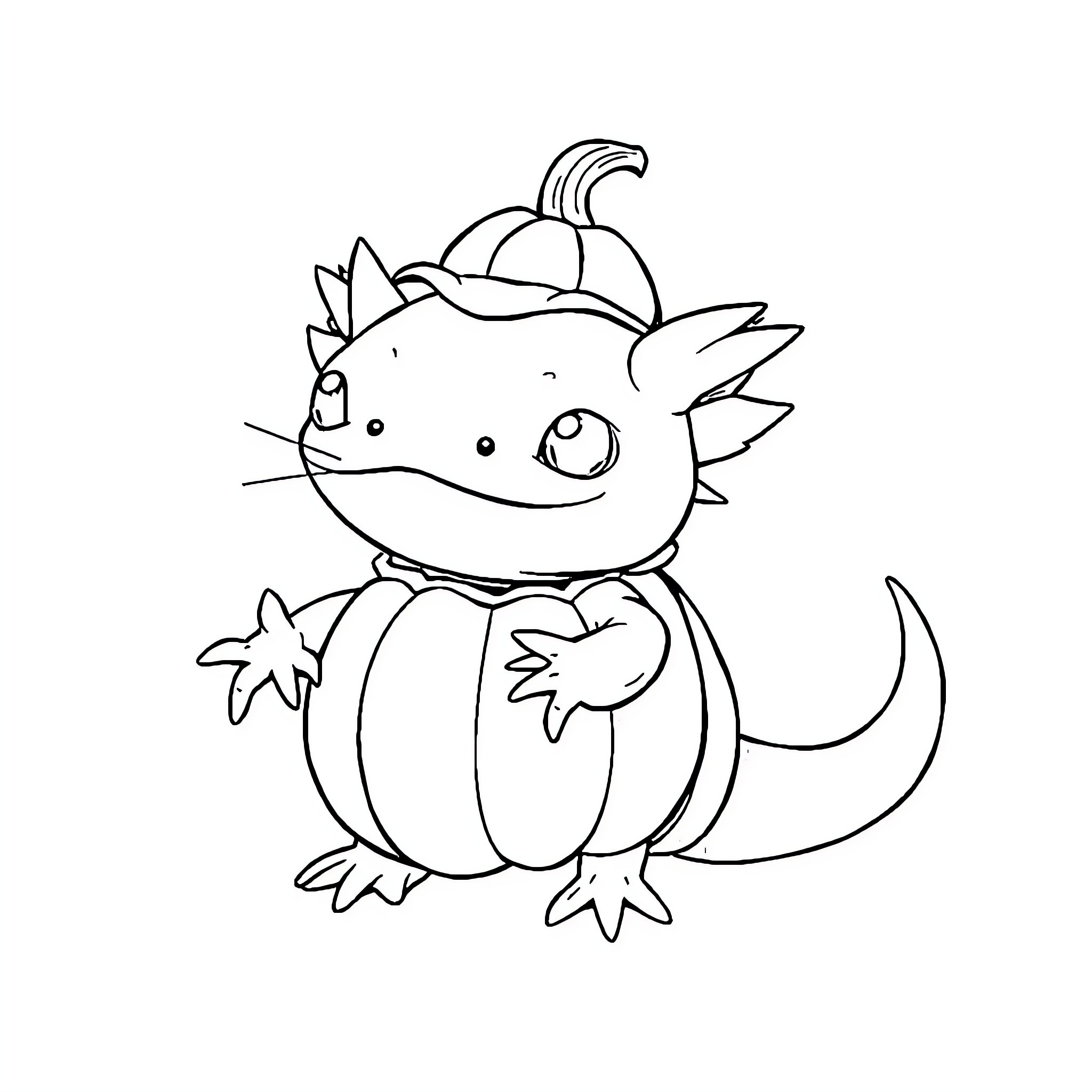 Axolotl wearing a pumpkin hat Coloring Page (free black-and-white line drawing printable PDF for all, from beginners to advanced learners, including children, teens, adults, and seniors)