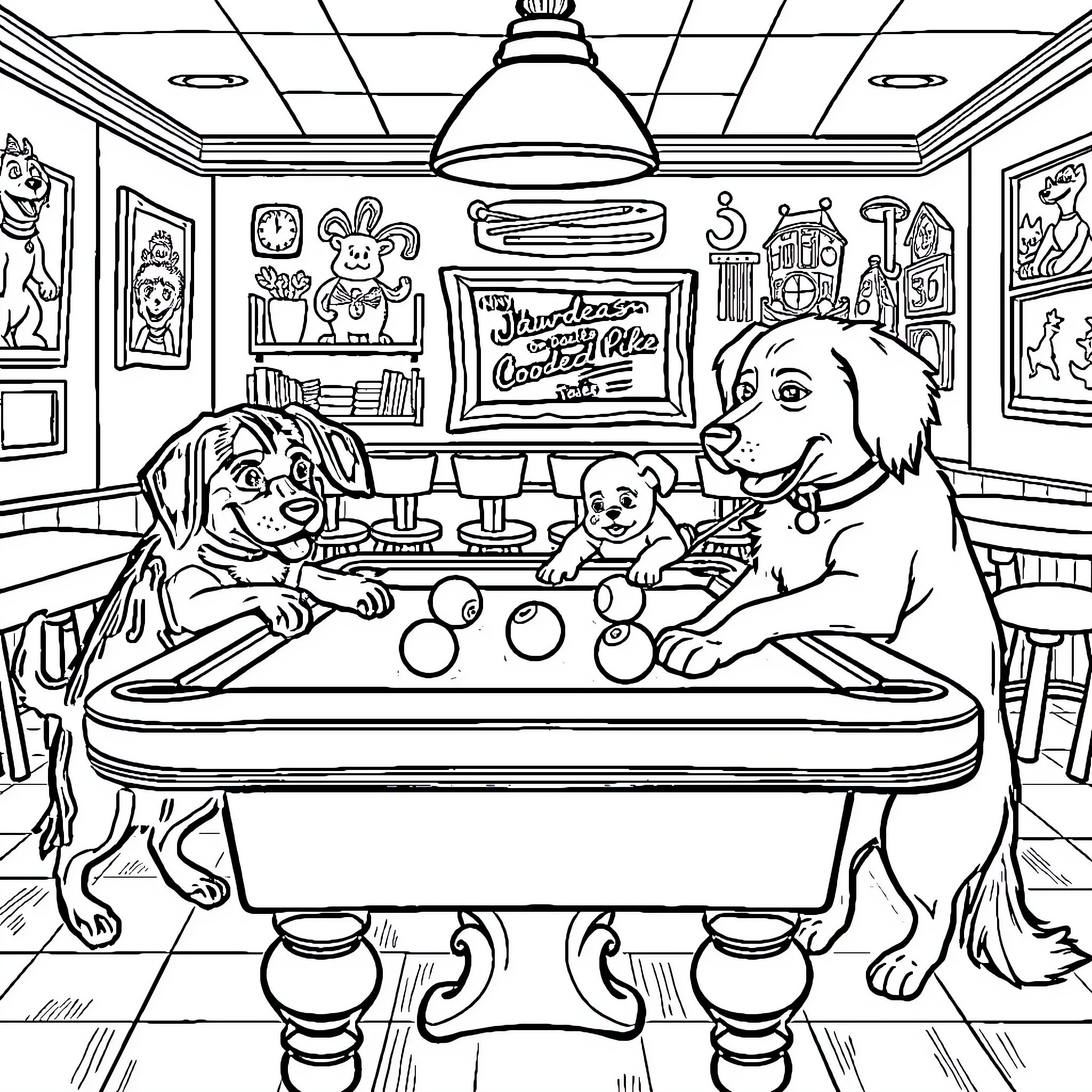 Dog family playing pool in a cozy home Coloring Page (free black-and-white line drawing printable PDF for all, from beginners to advanced learners, including children, teens, adults, and seniors)