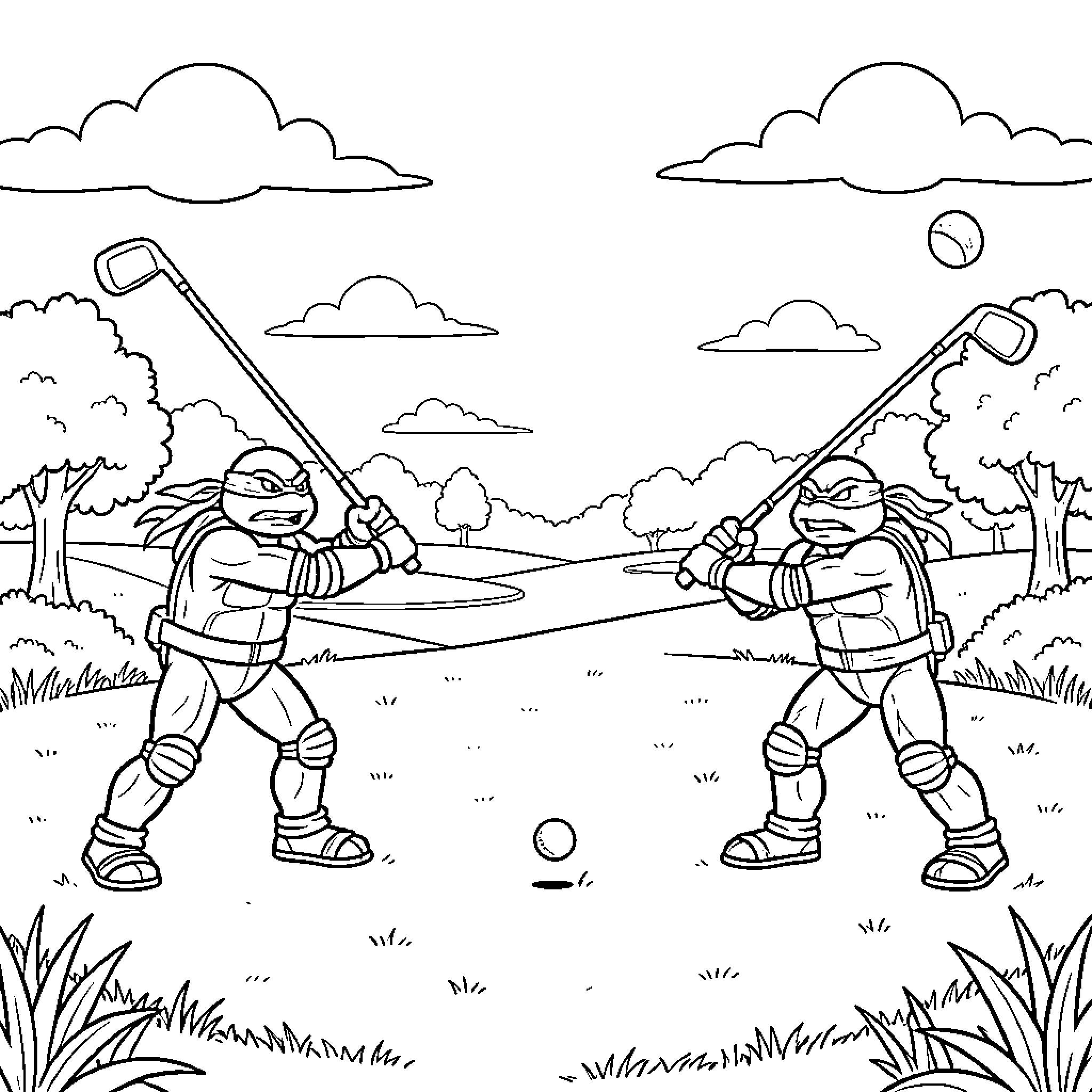 Turtle characters playing a game of golf outdoors Coloring Page (free black-and-white line drawing printable PDF for all, from beginners to advanced learners, including children, teens, adults, and seniors)