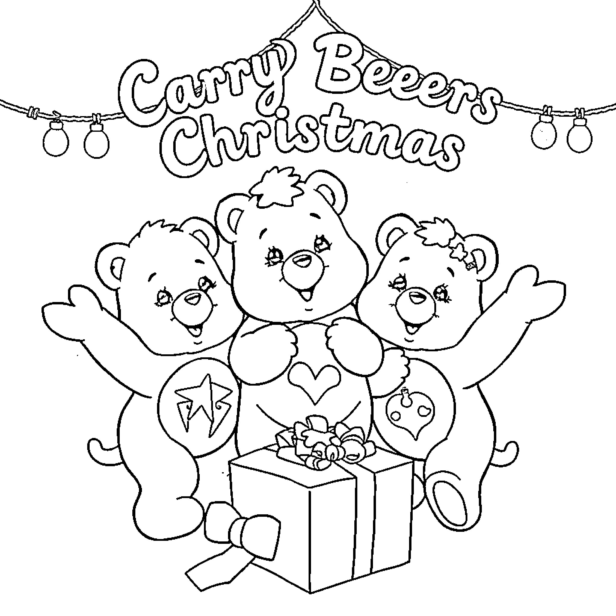 Carebear Trio Celebrating Christmas Coloring Page (free black-and-white line drawing printable PDF for all, from beginners to advanced learners, including children, teens, adults, and seniors)