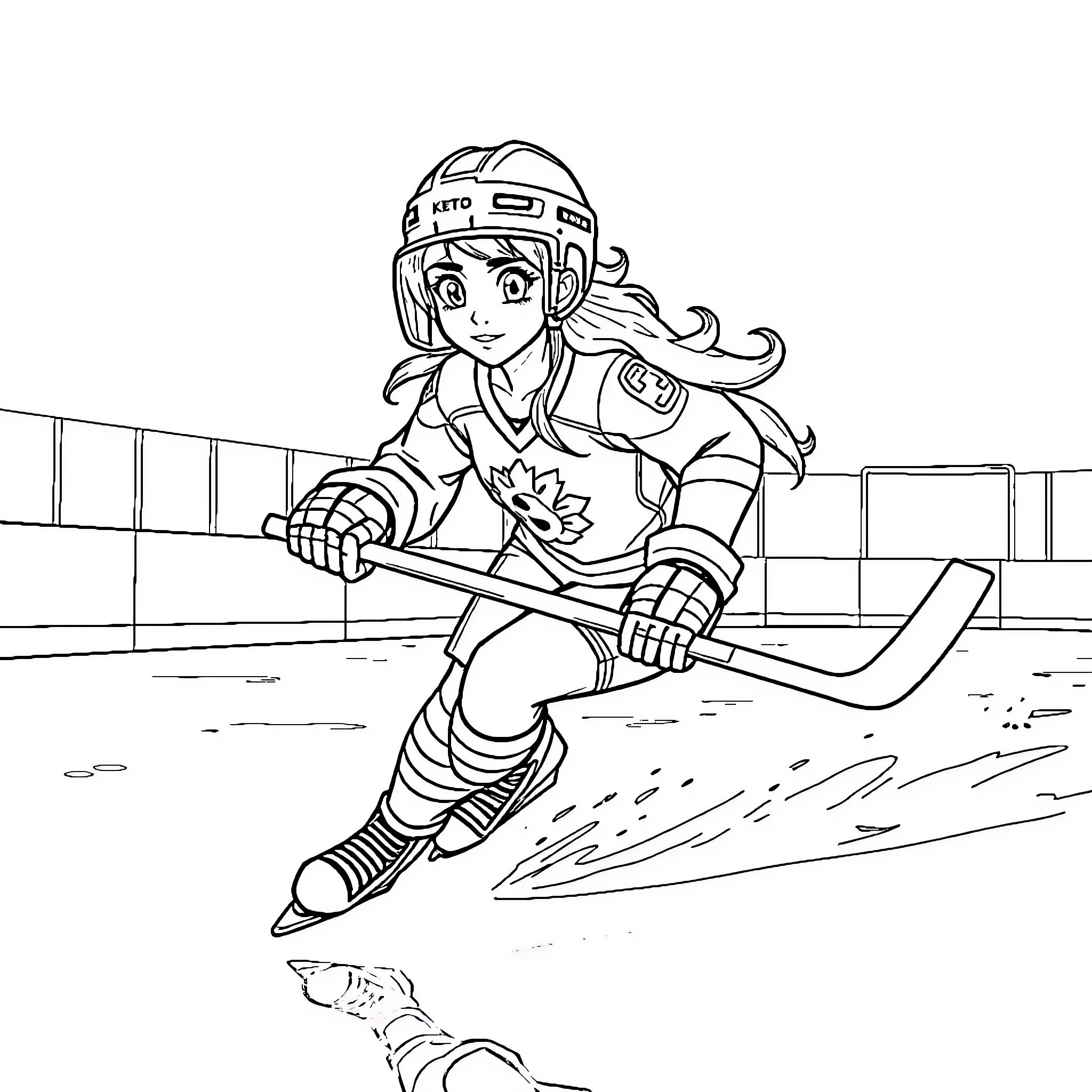 Korra skating with hockey gear on the ice rink Coloring Page (free black-and-white line drawing printable PDF for all, from beginners to advanced learners, including children, teens, adults, and seniors)
